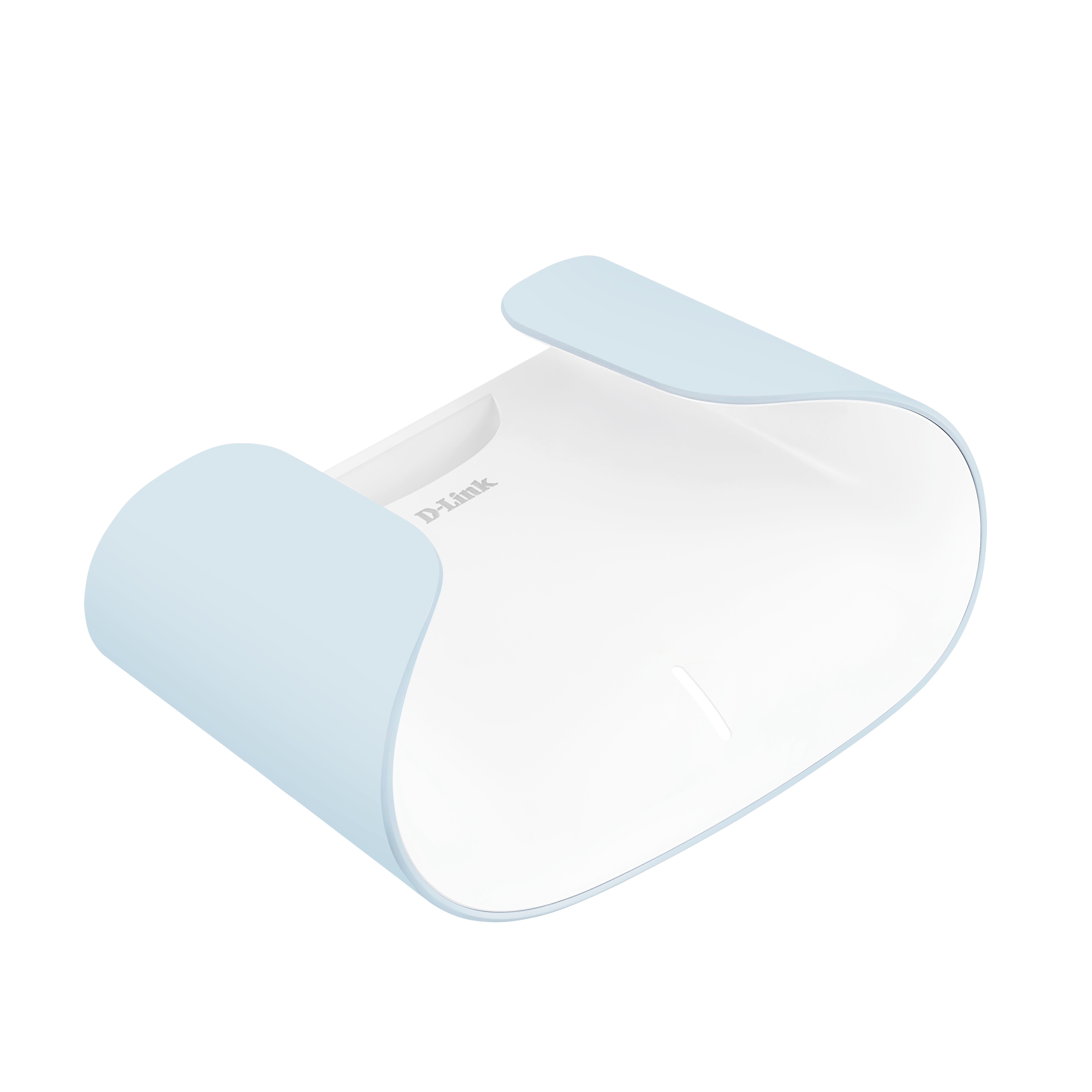 Ein weißes D-Link-Gerät mit hellblauen Akzenten. Es hat ein geschwungenes Design mit sichtbarem Logo.