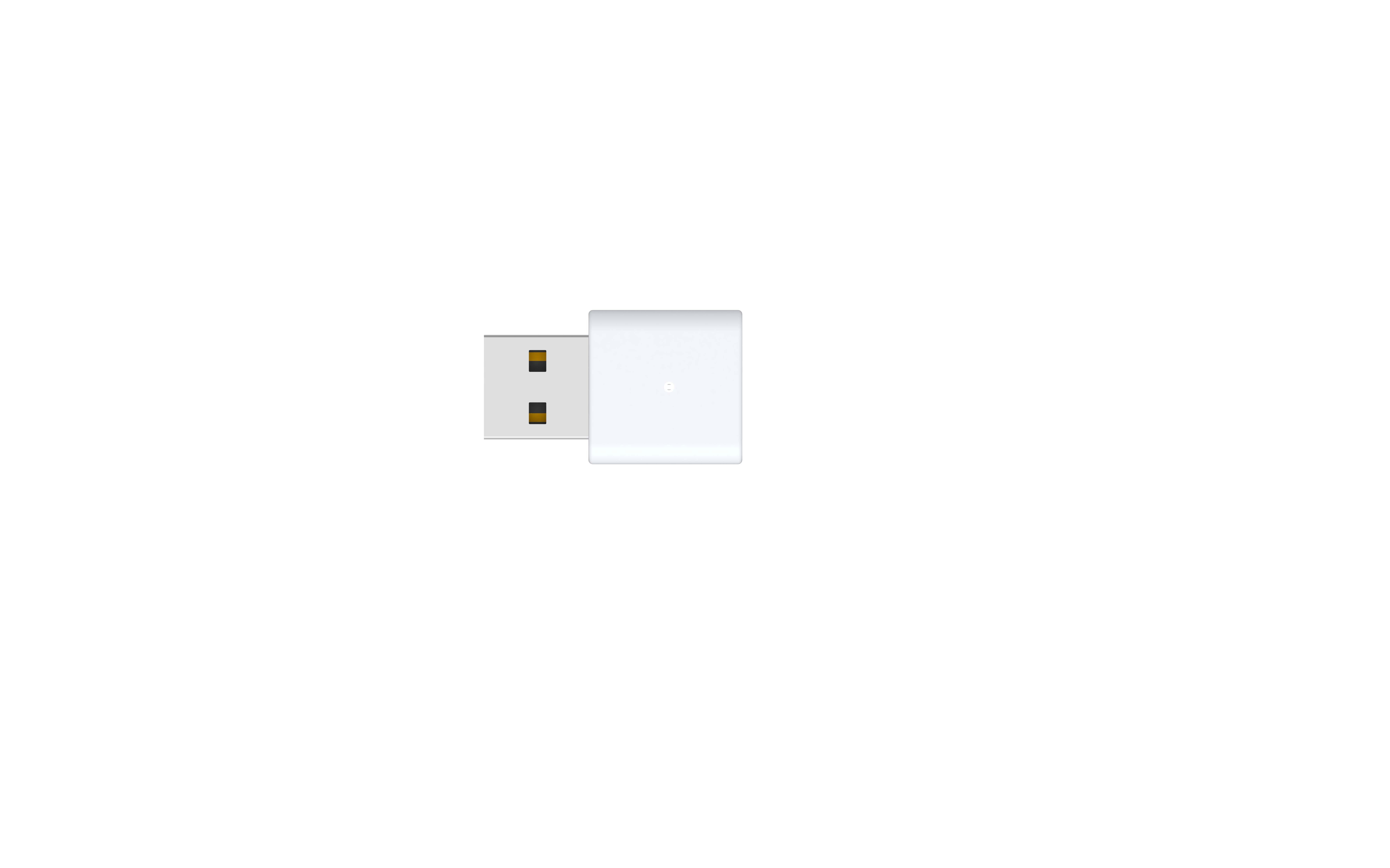 Ein weißer USB-Stick auf weißem Hintergrund. Der USB hat einen rechteckigen Körper und einen USB-Anschluss.
