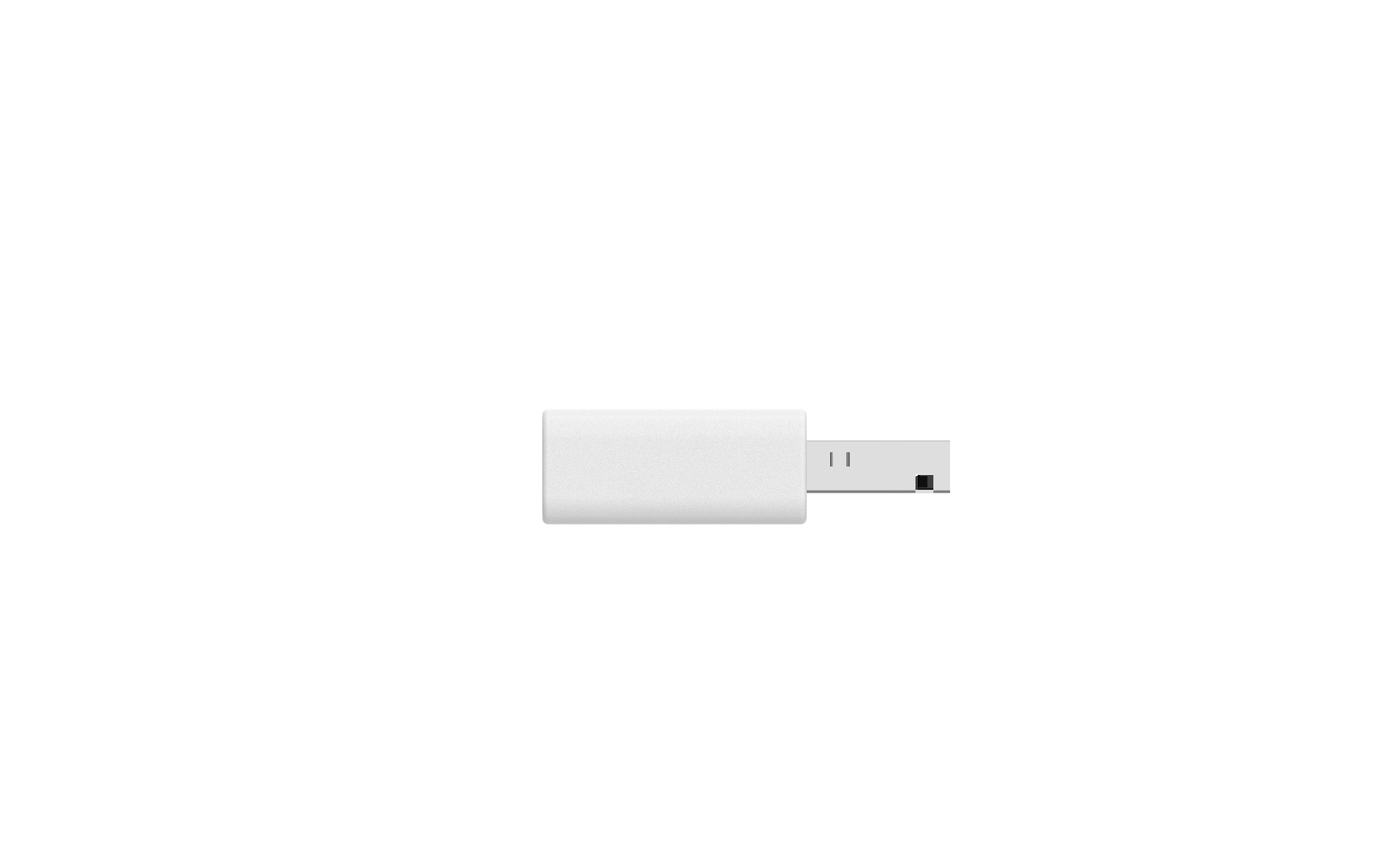 Ein weißer USB-Adapter ist auf weißem Hintergrund zentriert. Der Adapter ist rechteckig mit USB-Anschluss.