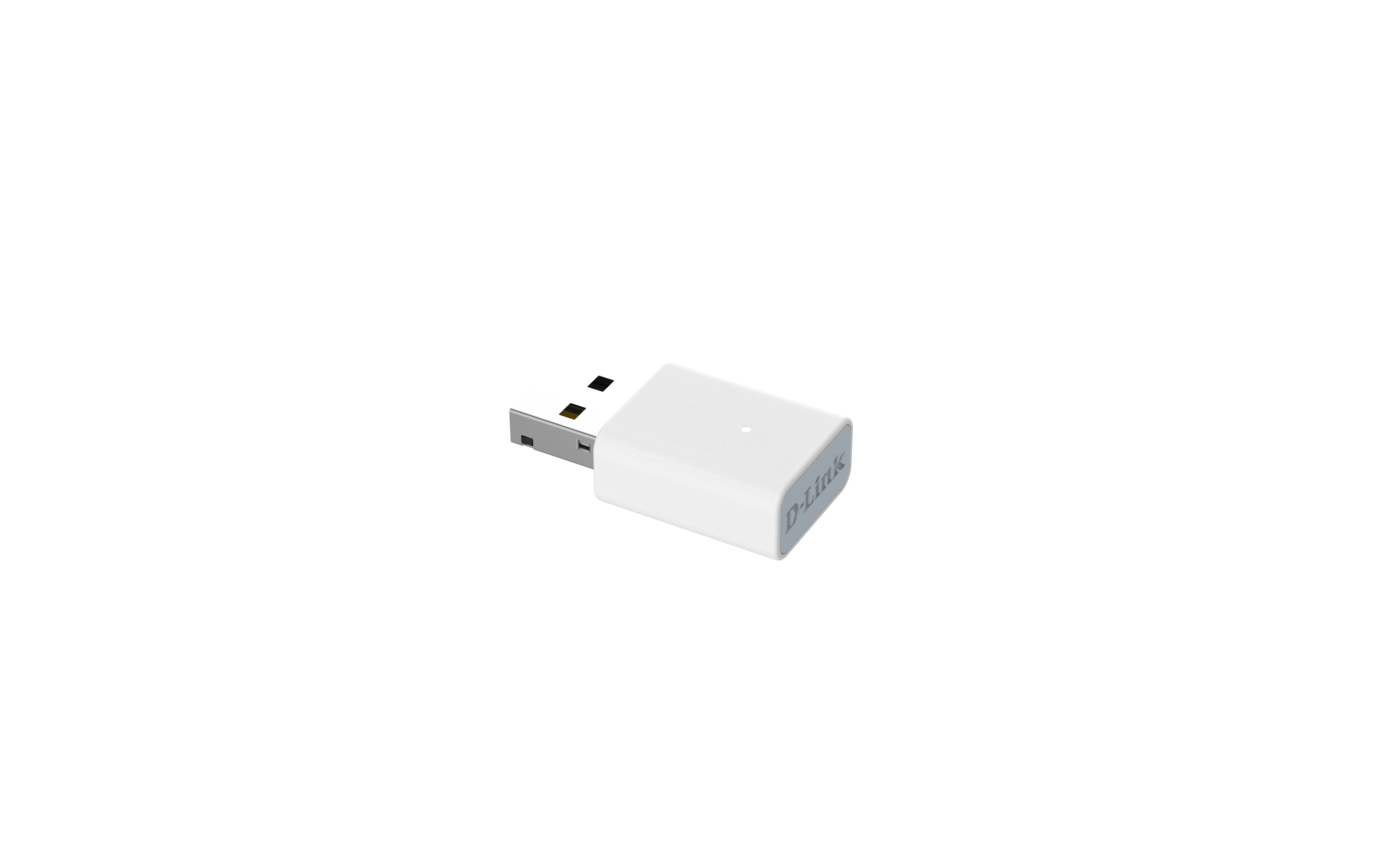 Ein weißer D-Link USB-Adapter auf weißem Hintergrund. Der Adapter ist rechteckig mit D-Link-Logo.