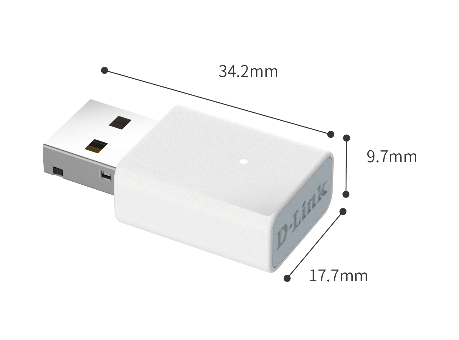 Weißer D-Link USB-Adapter mit den Maßen: 34,2 mm Länge, 17,7 mm Breite und 9,7 mm Höhe. Der Adapter hat einen USB-Anschluss.