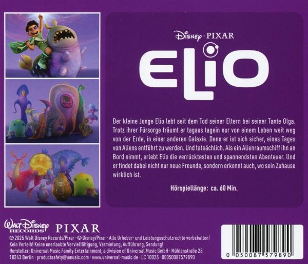 CD-Cover von Elio. Zeigt Cartoon-Aliens und den Titel. Text beschreibt die Geschichte eines Jungen und seiner Abenteuer.