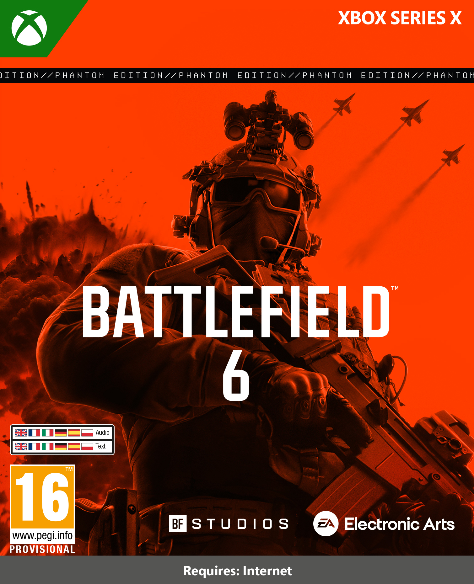 Das Bild zeigt einen Soldaten mit Helm und Jets im Hintergrund. Der Spieletitel ist Battlefield 6 auf orangefarbenem Hintergrund.