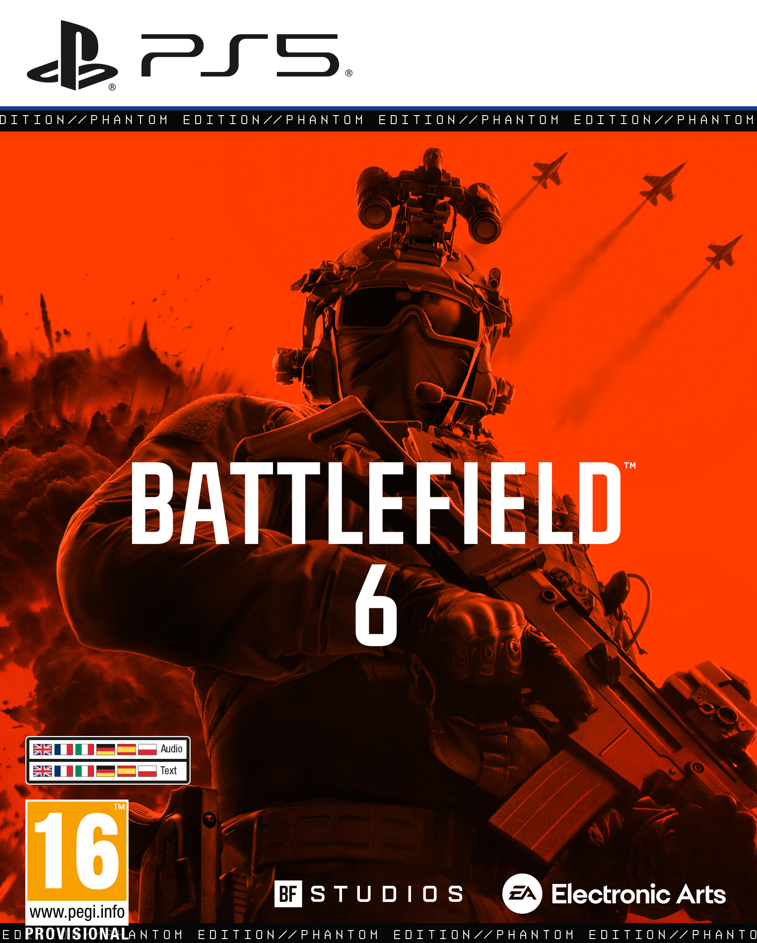 Ein Soldat mit einer Waffe steht im Zentrum, mit dem Text Battlefield 6. Jets fliegen im orangefarbenen Hintergrund.