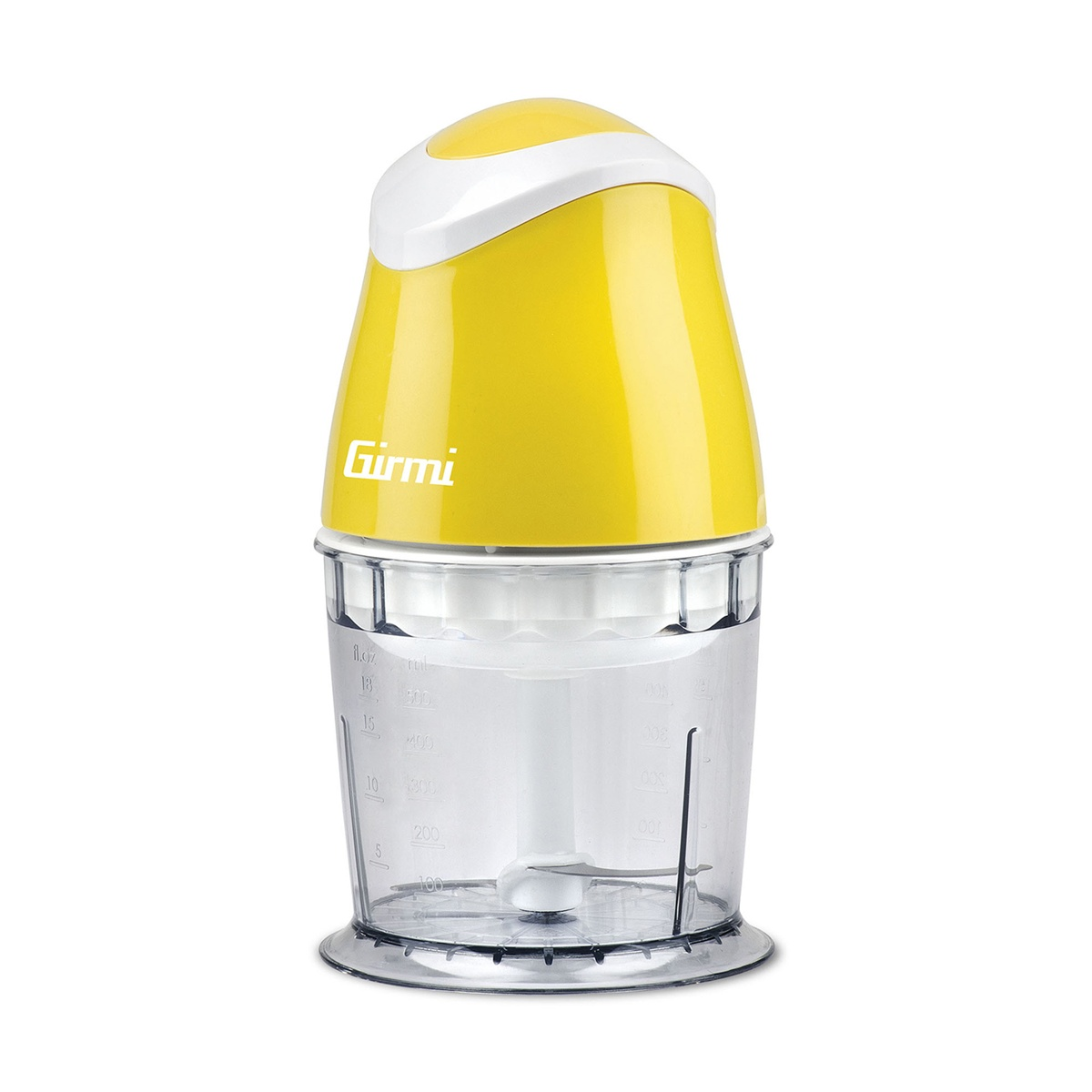 Un robot da cucina Girmi giallo e bianco. Ha un contenitore di plastica trasparente con indicatori di misurazione e una lama.