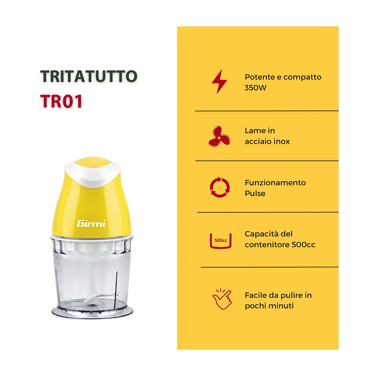 Un robot da cucina giallo e bianco con un contenitore trasparente è esposto su una superficie bianca, con descrizione del testo a destra.