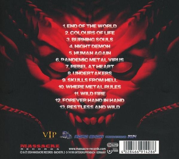Albumcover mit roter dämonischer Figur. Text listet Songtitel wie 'End of the World' und 'Burning Souls'.