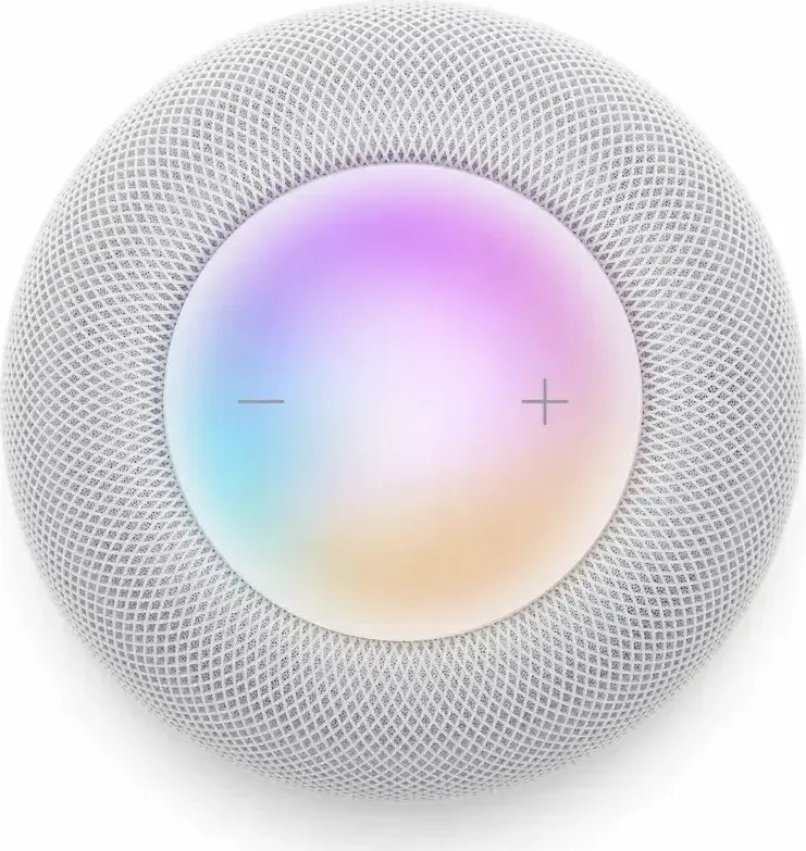 Ein weißer, kugelförmiger Smart Speaker mit einer leuchtenden, mehrfarbigen Oberseite. Er hat Lautstärkeregler und ein Mesh-Gewebe.