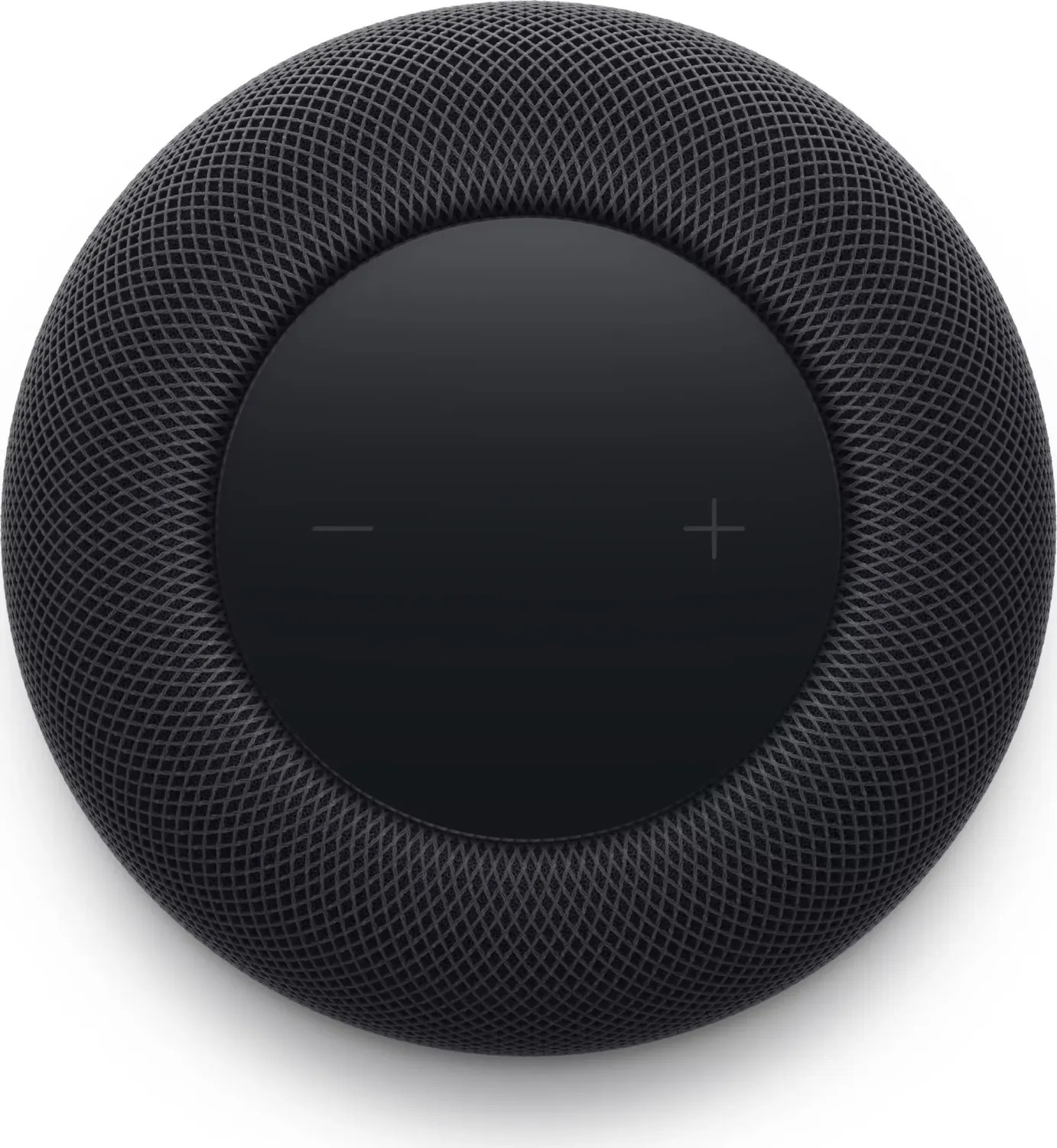 Ein schwarzer Apple HomePod-Lautsprecher. Er ist kreisförmig mit einem Mesh-Äußeren und einer flachen schwarzen Oberseite mit Lautstärkereglern.