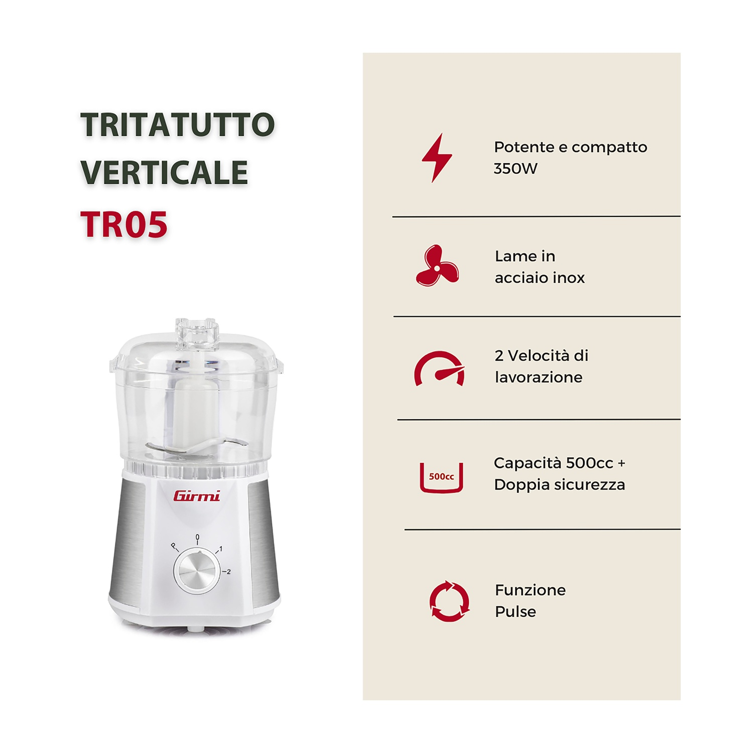 Un robot da cucina Girmi. Ha un coperchio in plastica trasparente, una base bianca e argento e un quadrante di controllo. Testo a sinistra: TR05.