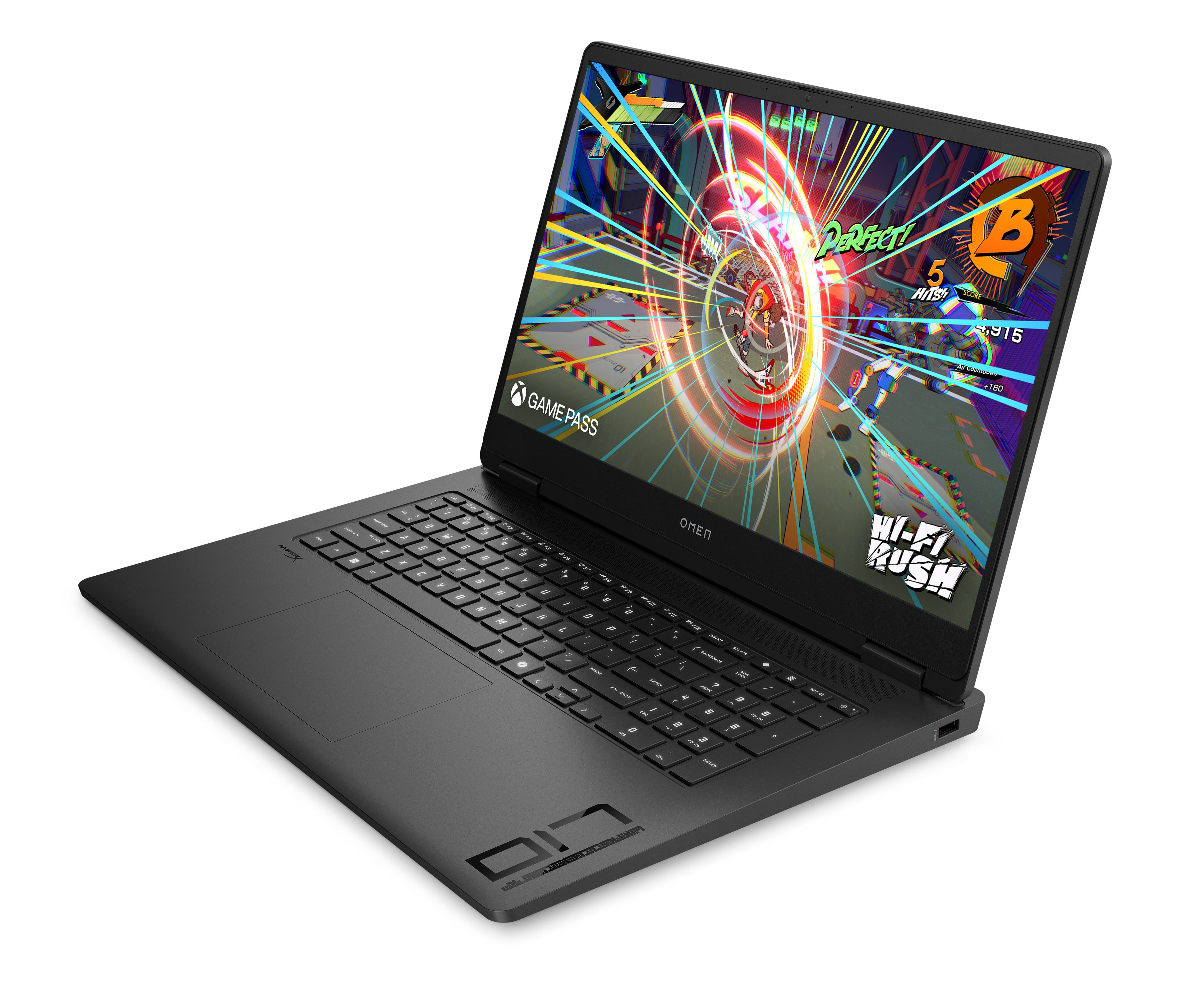 Czarny laptop Omen wyświetla kolorową scenę gry. Klawiatura jest widoczna. Tło jest czarne.