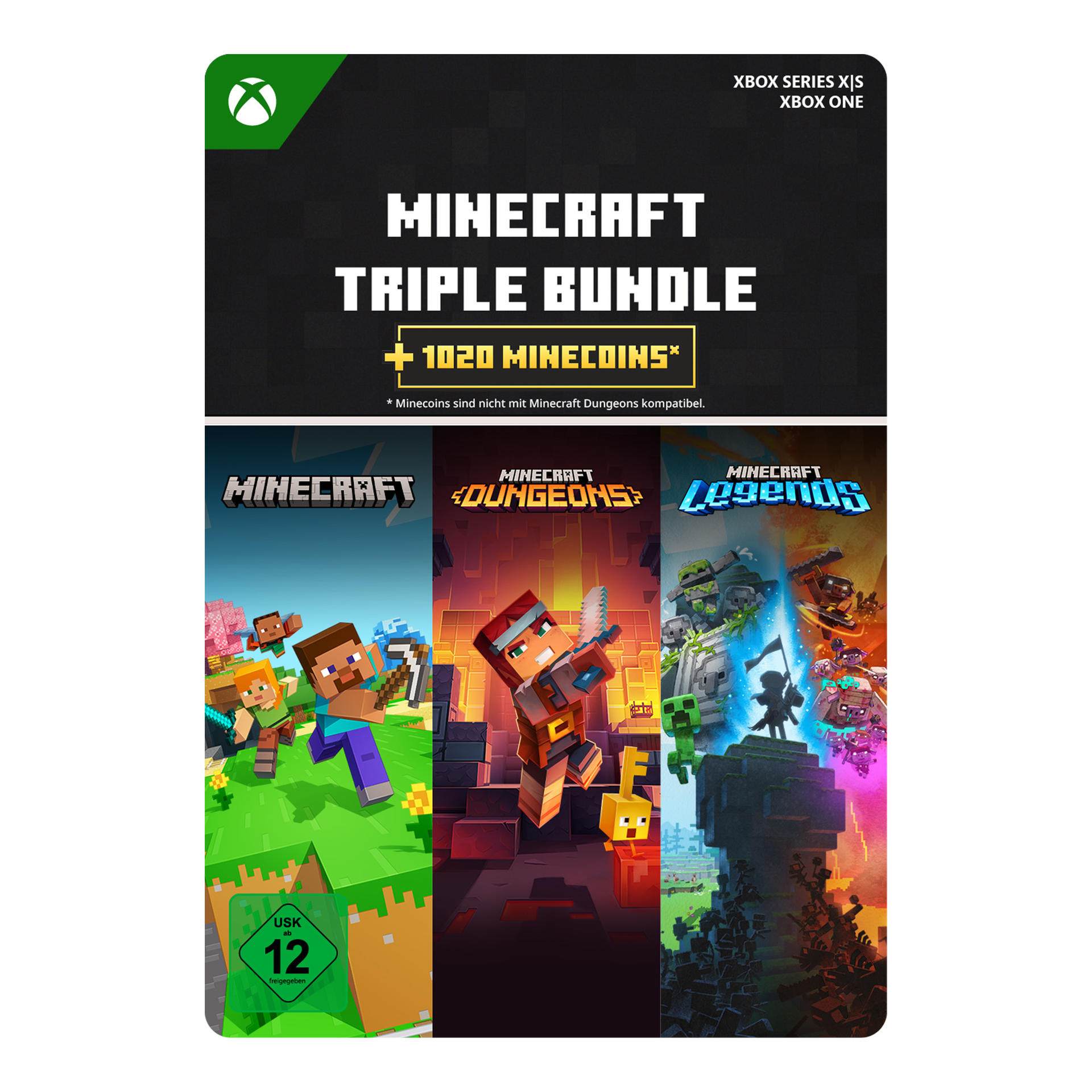 Minecraft Triple Bundle na Xbox. Pokazuje okładki gier Minecraft, Dungeons i Legends. Zawiera 1020 Minecoins.