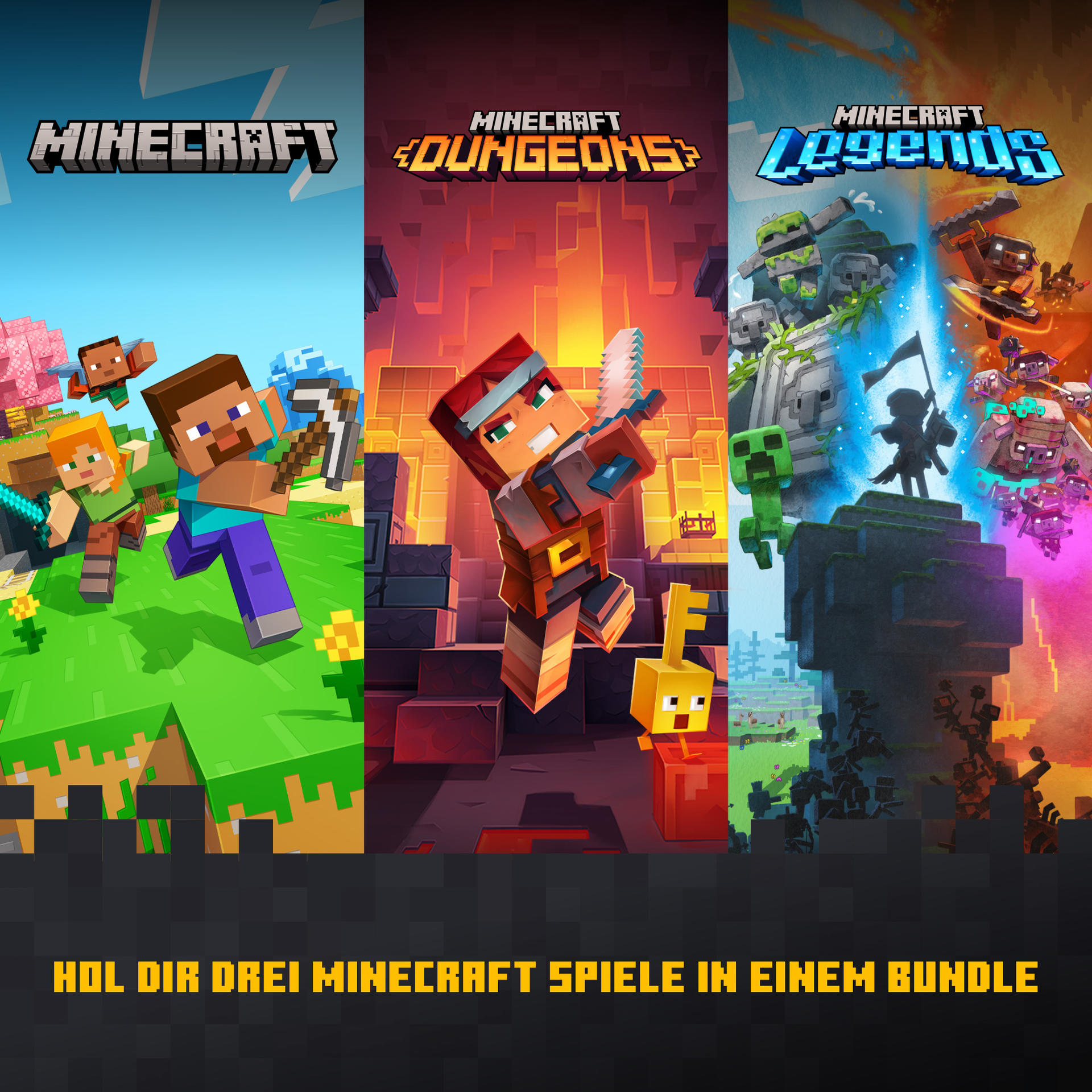 Obrazek przedstawia gry Minecraft: Minecraft, Dungeons i Legends. Postacie i środowiska z gier są prezentowane.