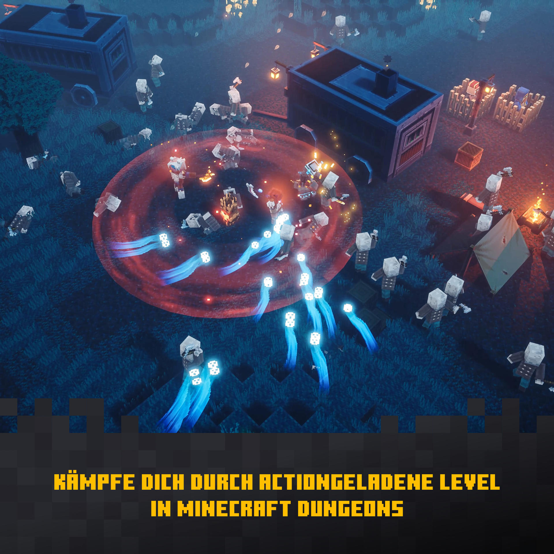 Scena z Minecraft Dungeons. Postacie walczą z efektami świetlnymi. Budynki i namioty w tle.