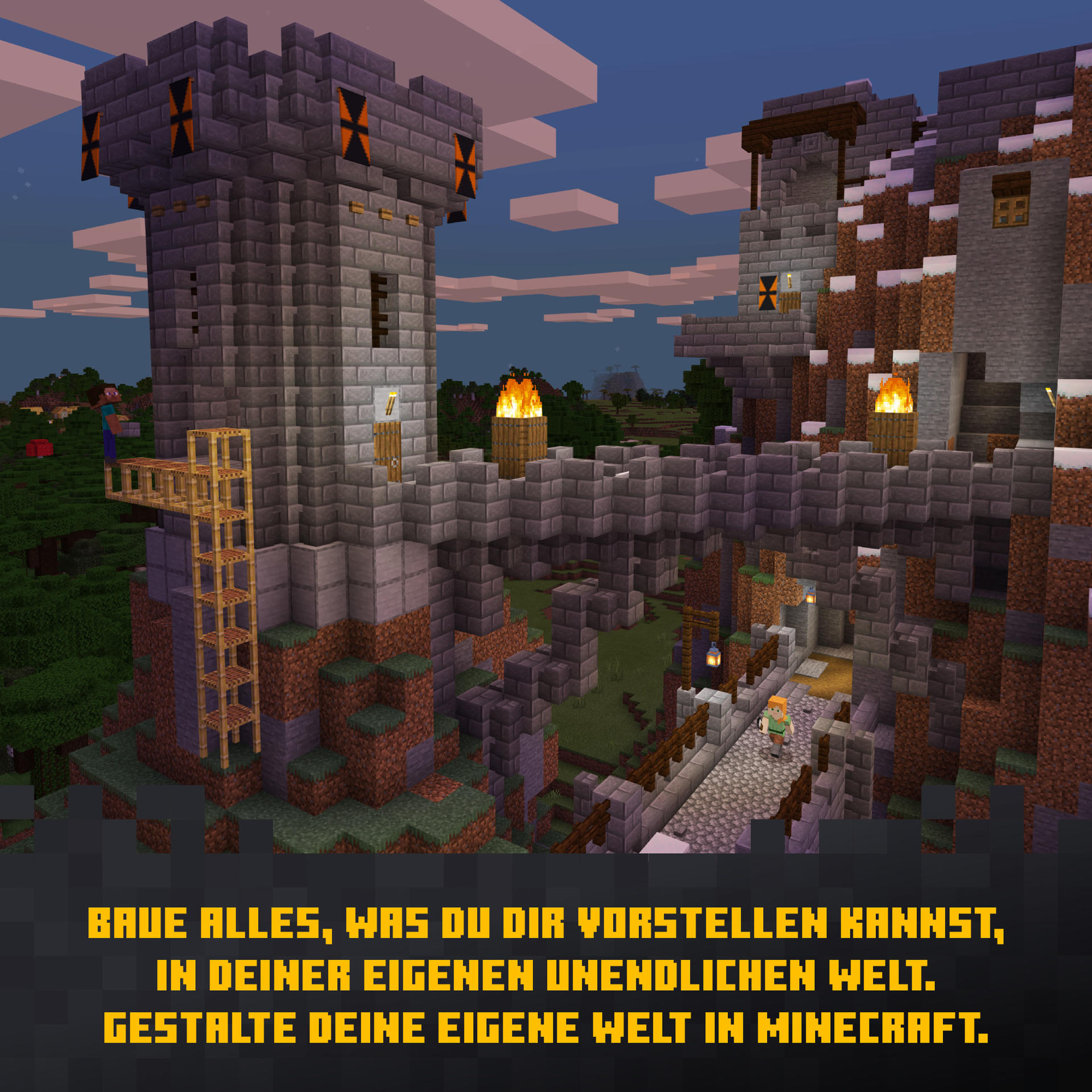 Scena zamku Minecraft. Dwie wysokie kamienne wieże z bannerami, połączone mostem. Postać stoi na moście.