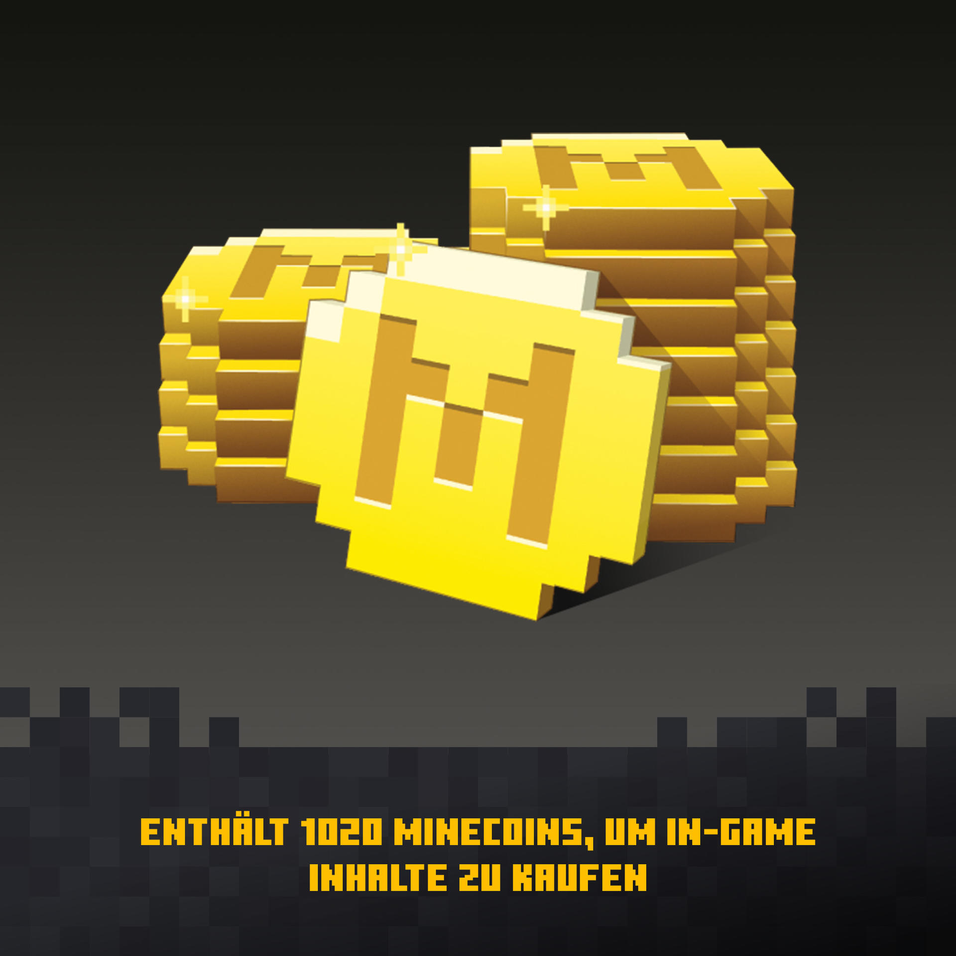 Obraz przedstawia pikselowane złote monety z monetą 'M' z przodu. Tekst na dole mówi 'Zawiera 1020 Minecoins'.