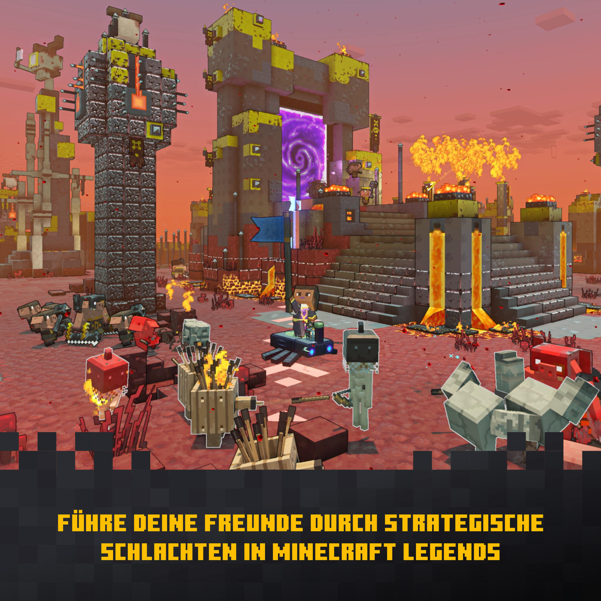 Scena z Minecraft Legends. Postacie stoją w pobliżu struktur z fioletowym portalem. Czerwona ziemia, pomarańczowe niebo i pikselowany styl.
