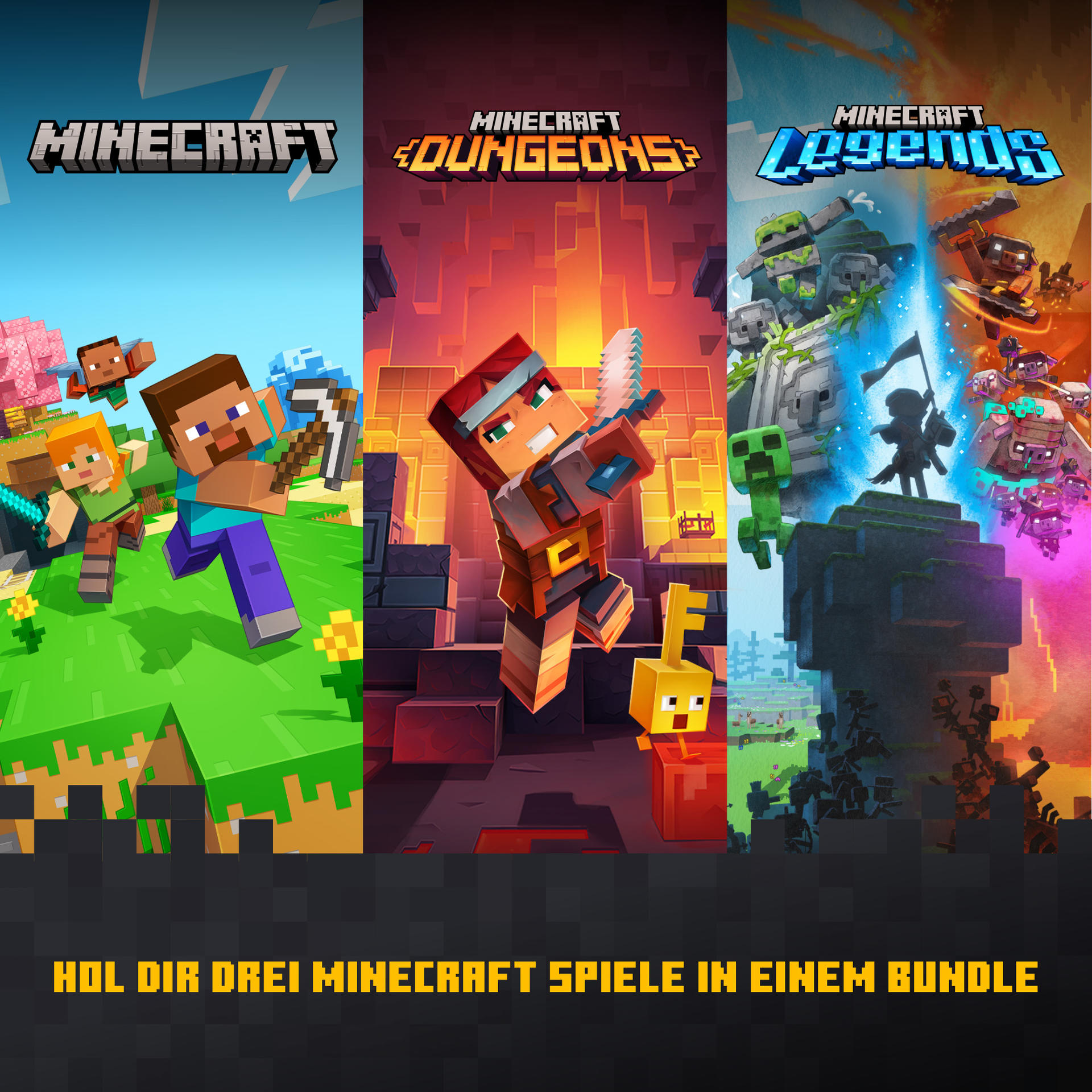 Obraz pakietu gier Minecraft. Pokazuje trzy okładki gier: Minecraft, Minecraft Dungeons i Minecraft Legends. Tekst na dole.