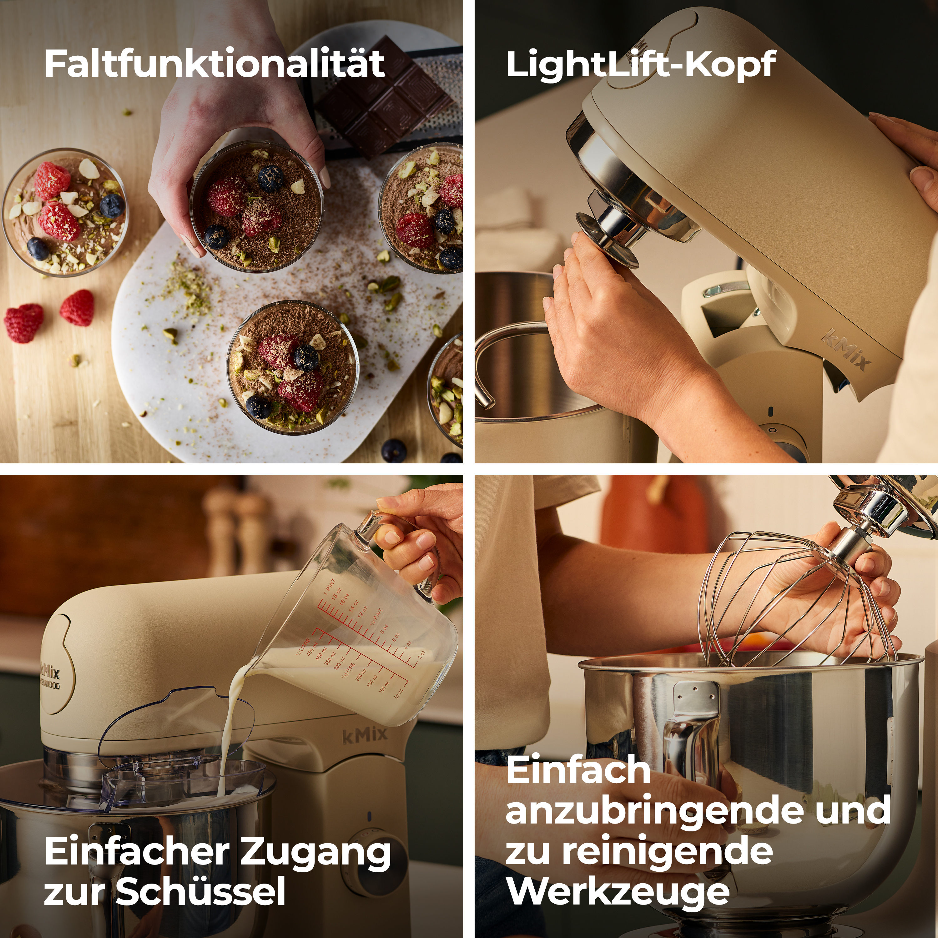 Vier Bilder zeigen Desserts, den Kopf eines Mixers, Flüssigkeit gießen und Zubehör. Text in Deutsch.