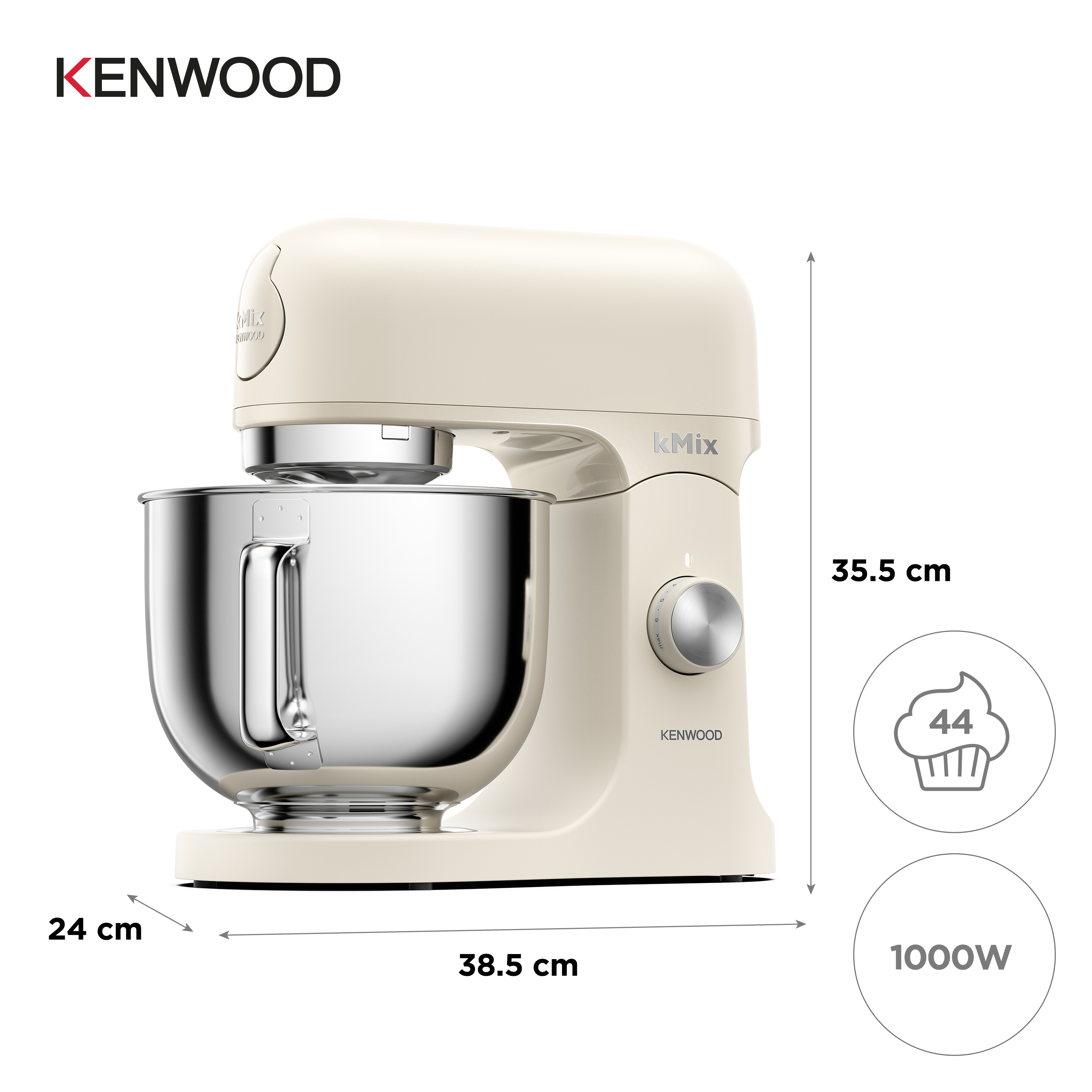 Ein cremefarbener Kenwood KMix-Küchenmixer mit Edelstahlschüssel. Abmessungen und Leistungsdetails sind sichtbar.