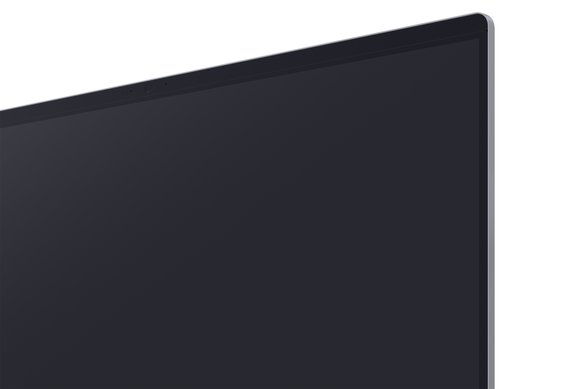 Nahaufnahme eines Laptop-Bildschirms. Der Bildschirm ist dunkelgrau. Der Hintergrund ist schwarz. Die Oberkante hat eine Kamera und einen silbernen Rahmen.