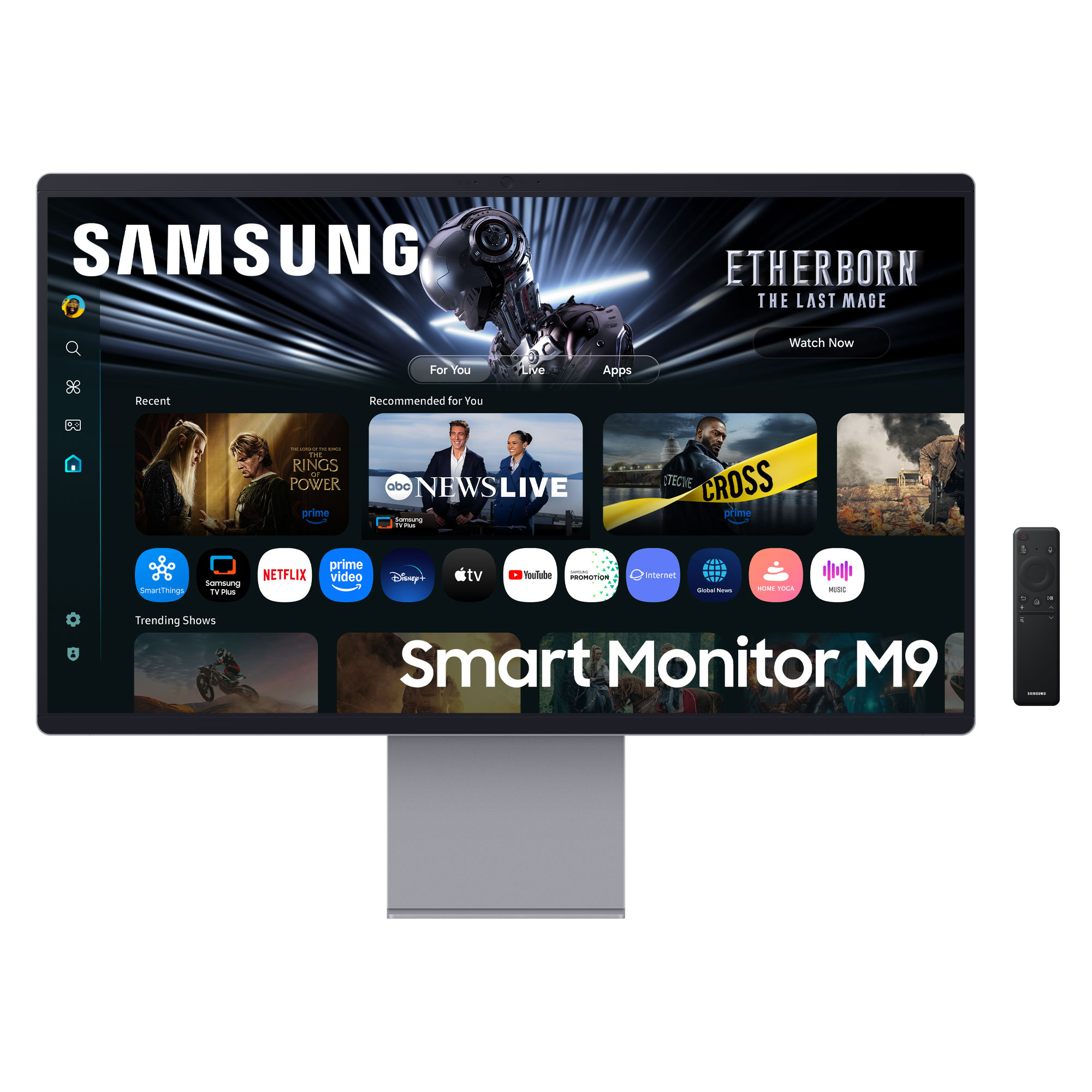 Samsung Smart Monitor M9. Ein großer Bildschirm zeigt Apps und Inhalte. Eine Fernbedienung ist rechts. Schwarz-graues Farbschema.