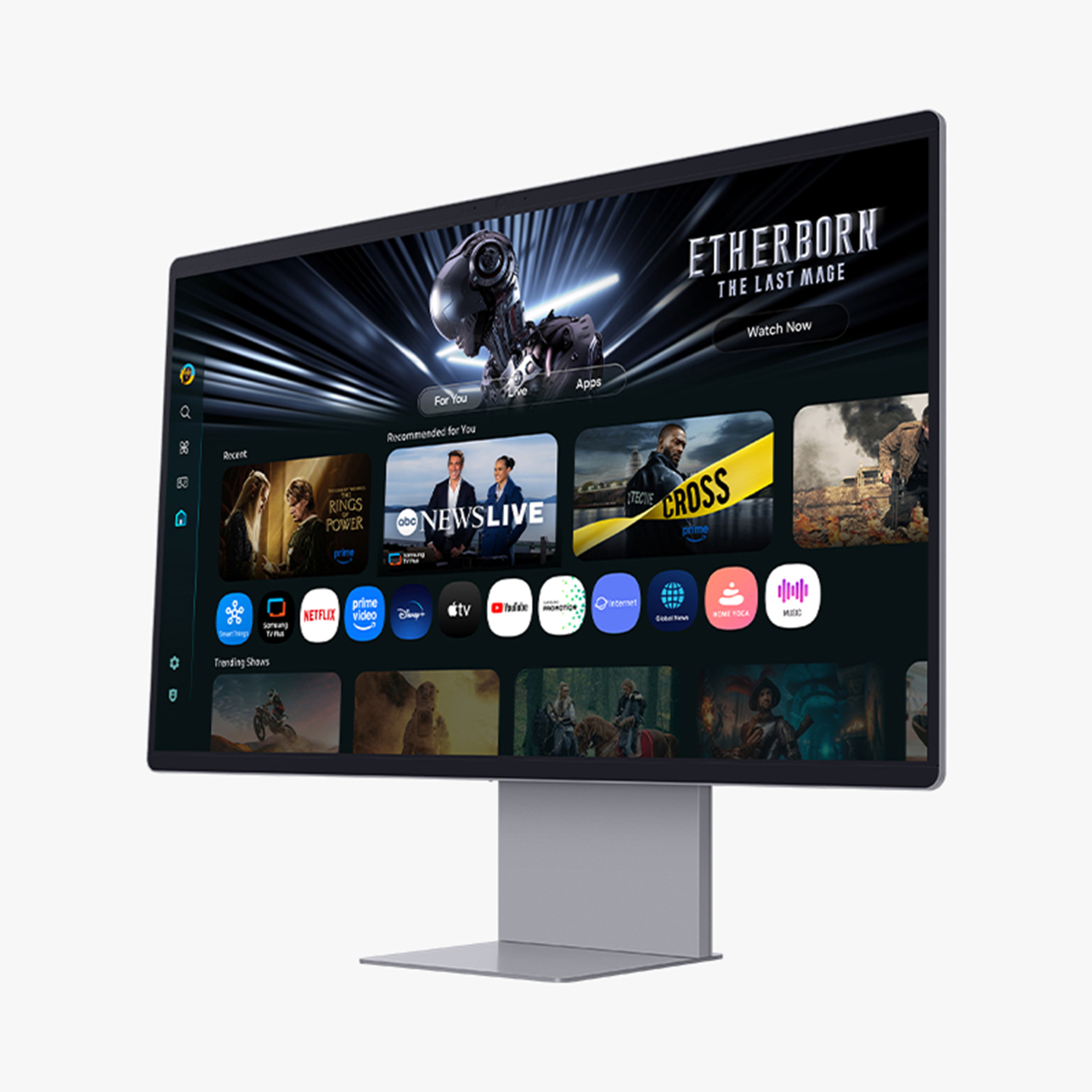 Ein großer Fernsehbildschirm zeigt eine Streaming-Dienst-Oberfläche. Shows und Apps sind sichtbar. Der Fernseher steht auf einem silbernen Sockel.