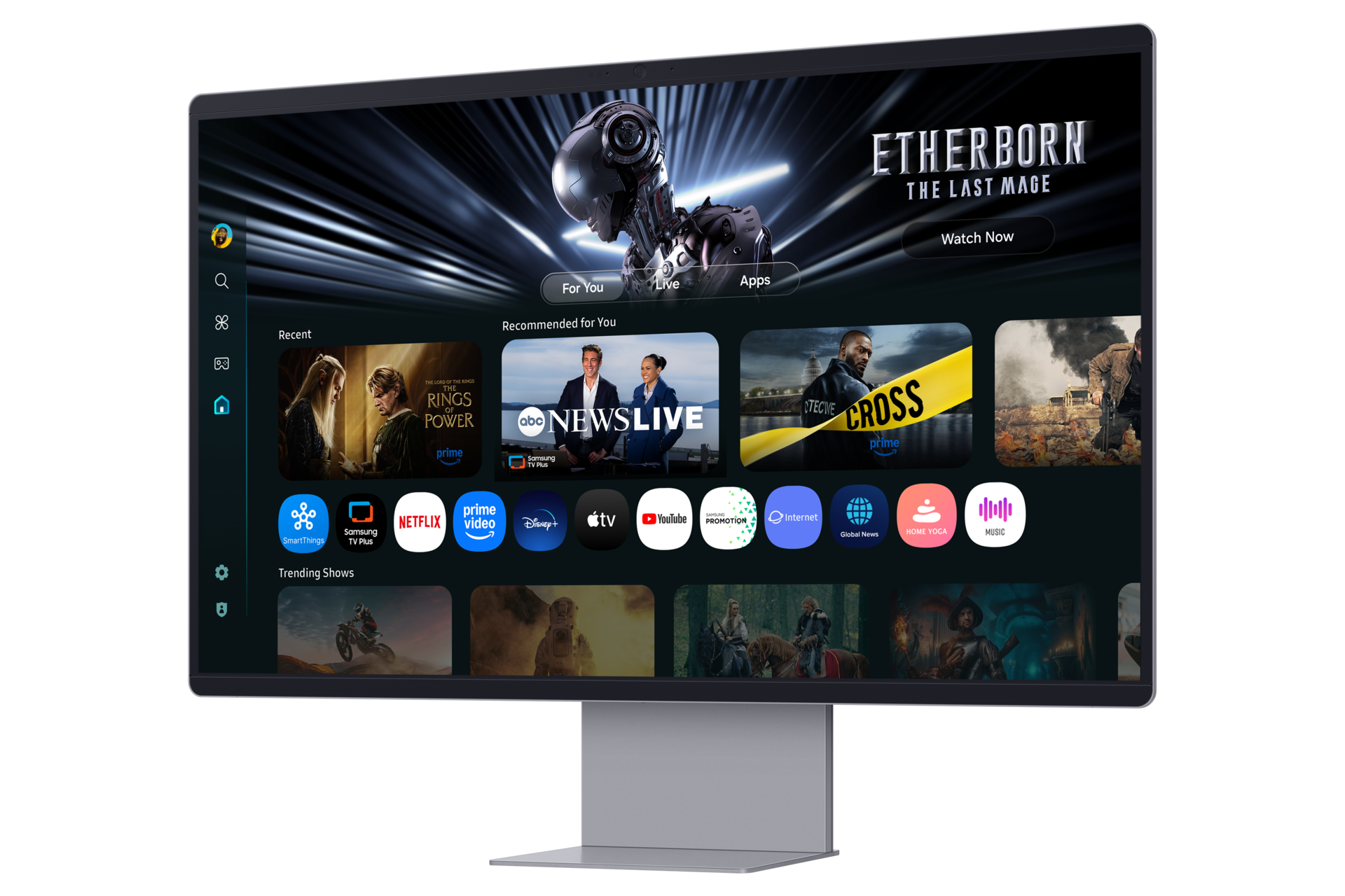 Ein Monitor zeigt eine Smart-TV-Oberfläche mit Apps und einer Filmauswahl. Der Bildschirm zeigt ein futuristisches Filmplakat.