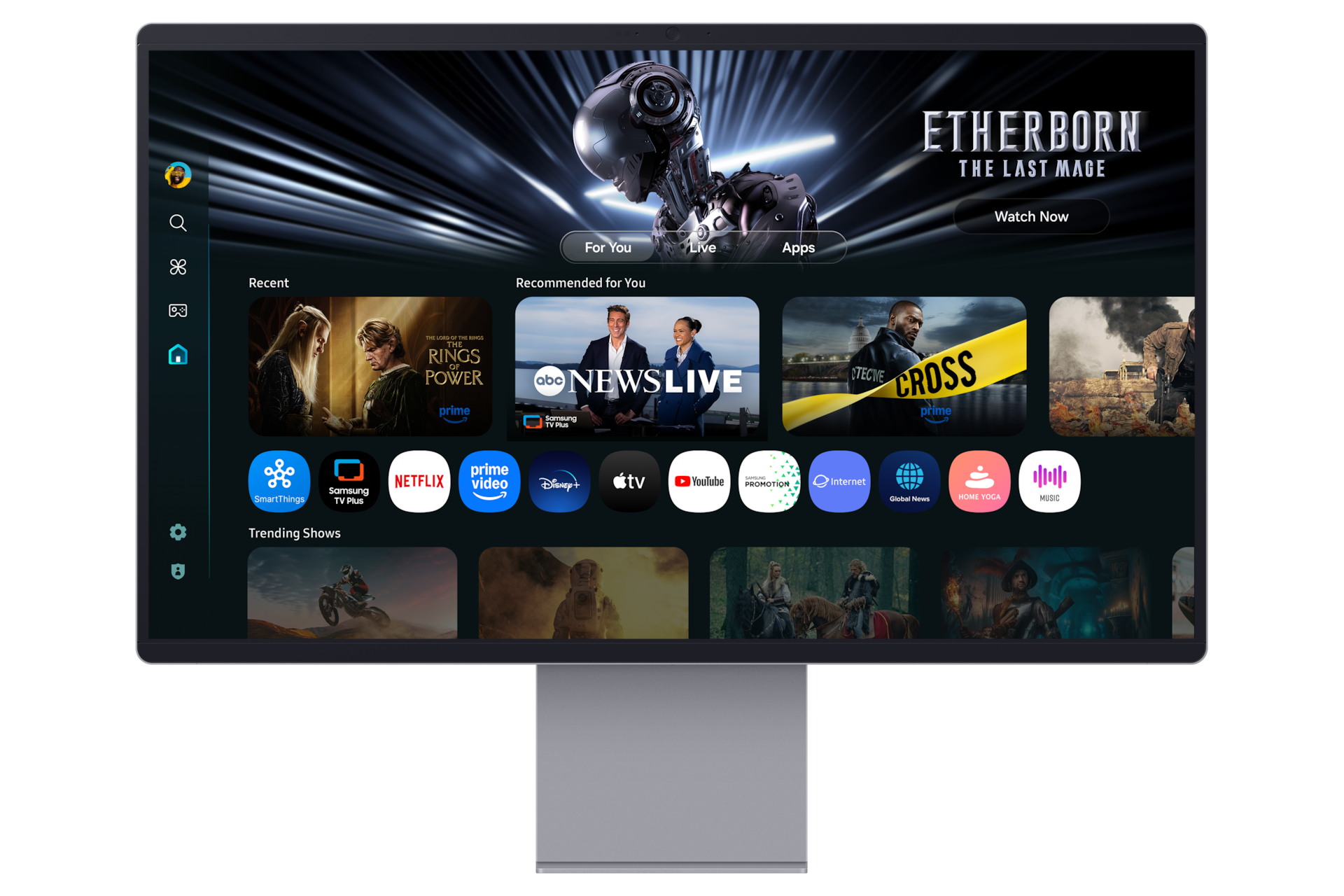 Ein Fernsehbildschirm zeigt Apps und Streaming-Dienste. Oben steht "Etherborn". Empfohlen: Nachrichten, Rings of Power, und Cross.
