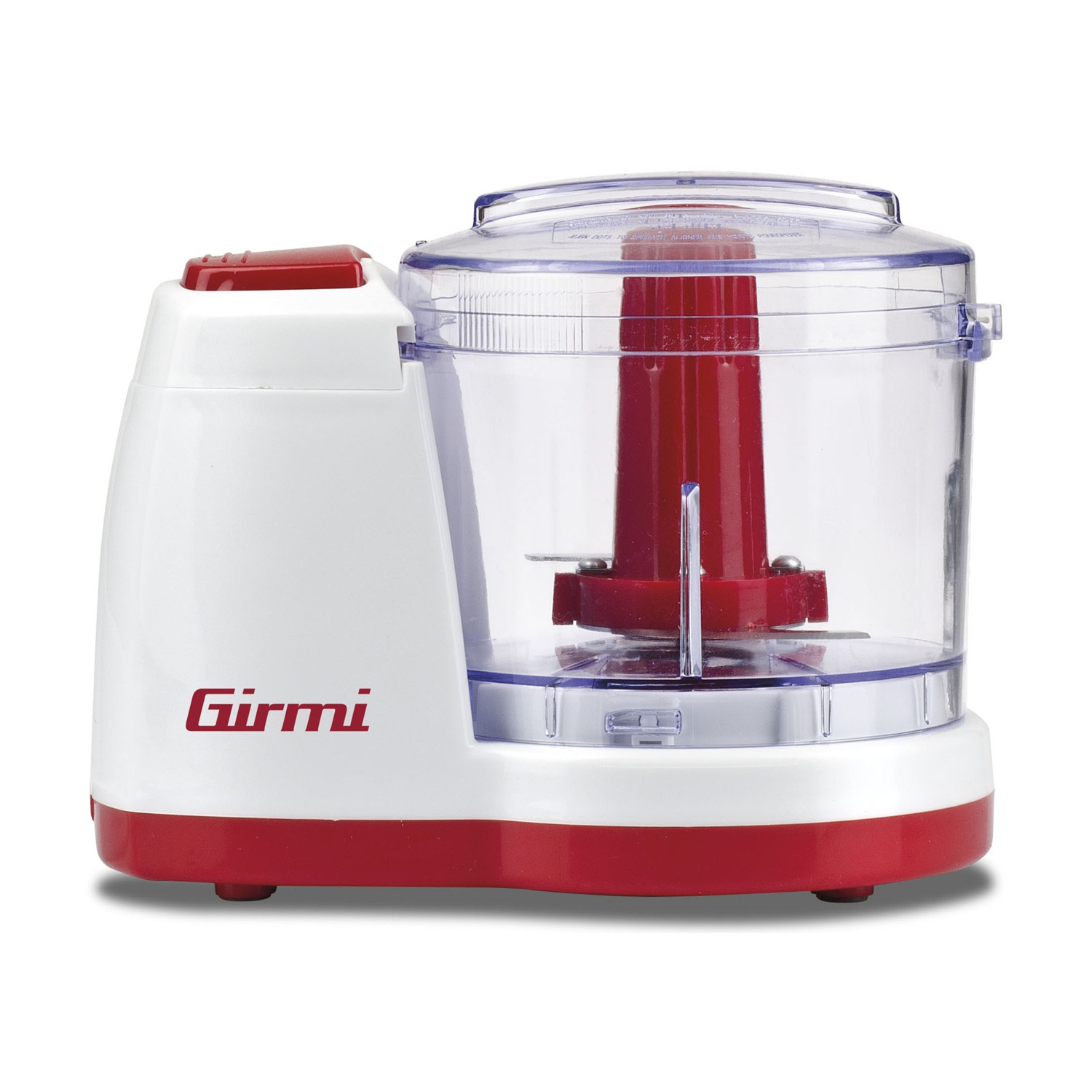Un robot da cucina bianco e rosso. Ha una ciotola trasparente e un centro rosso. Il marchio 'Girmi' è visibile.