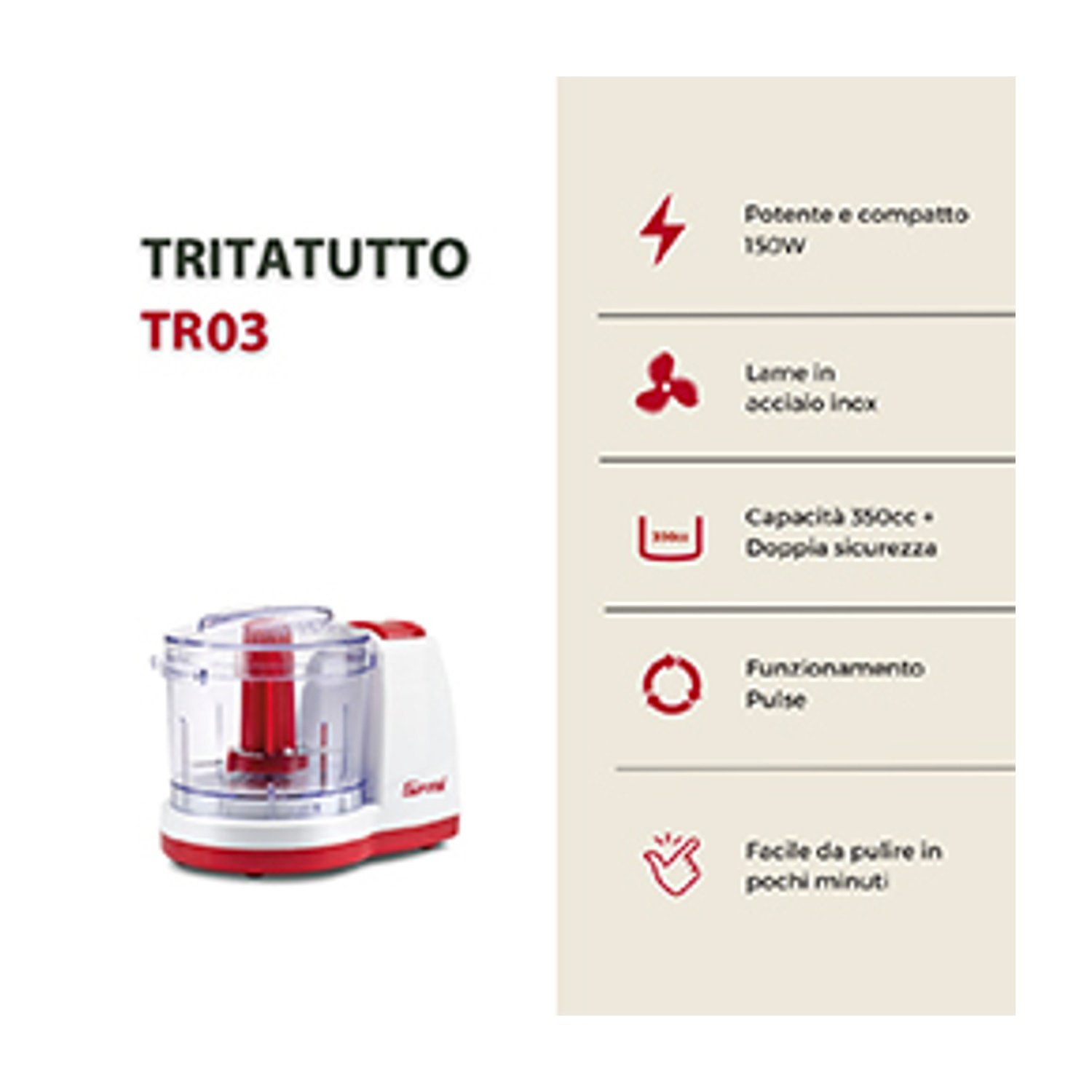 Un robot da cucina rosso e bianco è in mostra. Il testo include 'TRITATUTTO TR03' e dettagli sulle sue caratteristiche: potenza, lame, capacità.