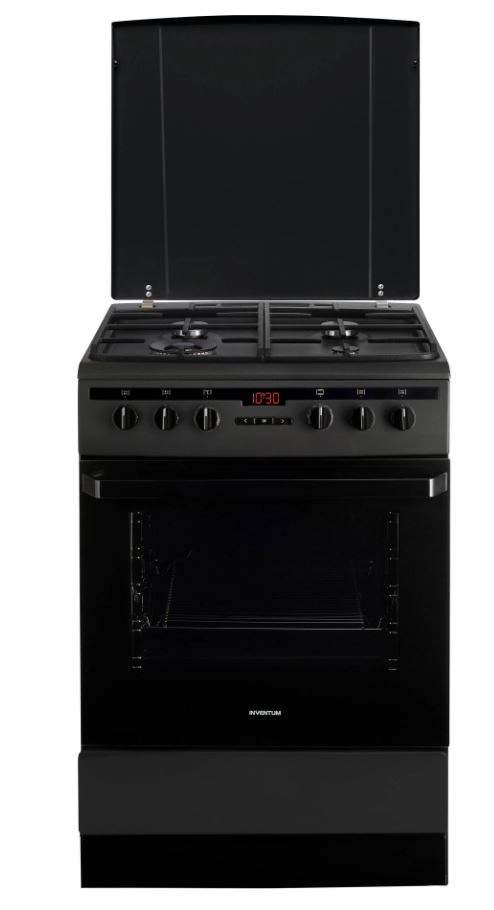 Een zwart gasfornuis met gesloten deksel. Het heeft vier branders, een oven en een digitale klok die 10:30 weergeeft.