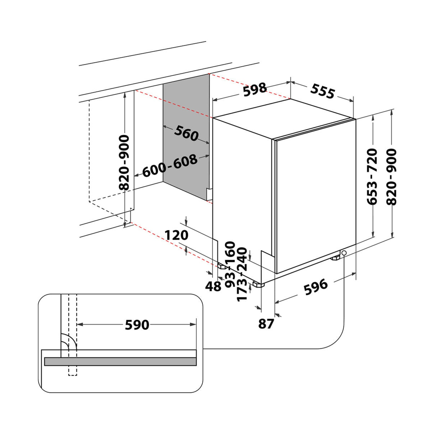 Diagramma di una lavastoviglie con dimensioni in millimetri. Mostra vista dall'alto e laterale con etichette numeriche.