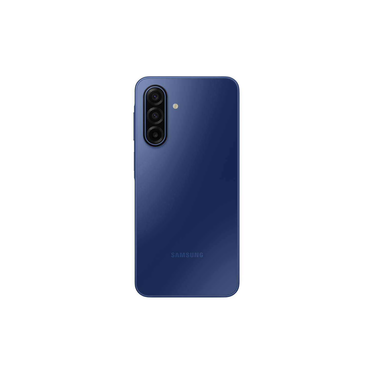 A blue Samsung phone back view, with three cameras and a flash. The Samsung logo is visible, against a black backdrop.