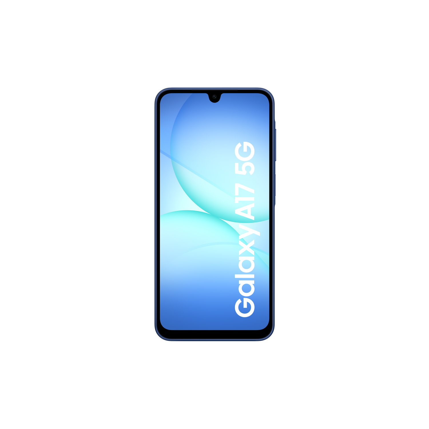 A blue Samsung Galaxy A17 5G smartphone is displayed against a black background. The screen shows a blue and white design.