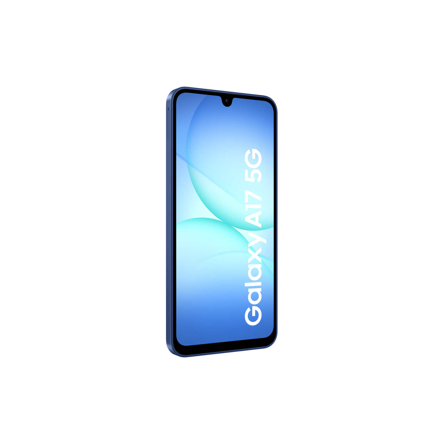 Blue Galaxy A17 5G smartphone on a black background. The screen displays a gradient, the phone is angled slightly.