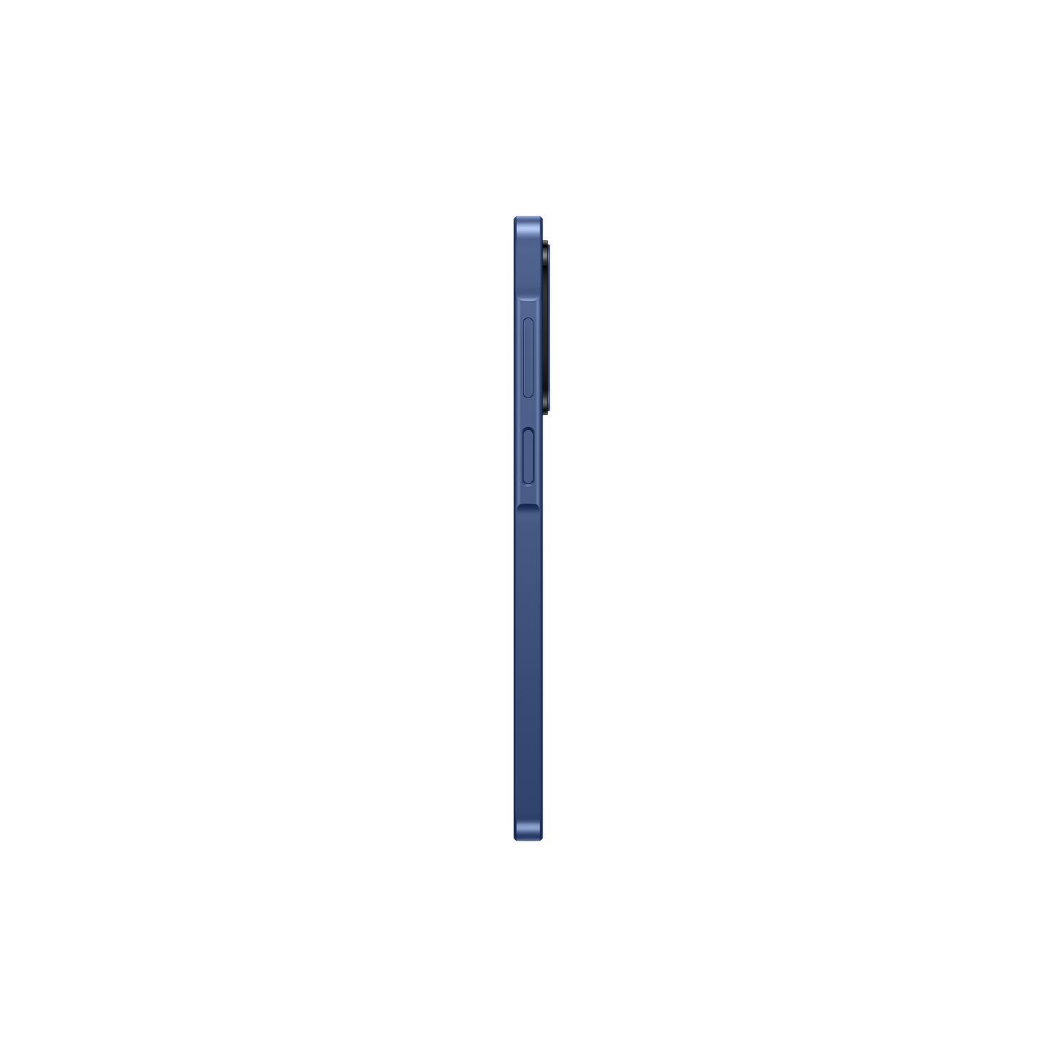 A side view of a dark blue smartphone against a black background. The phone has a volume rocker and a power button.