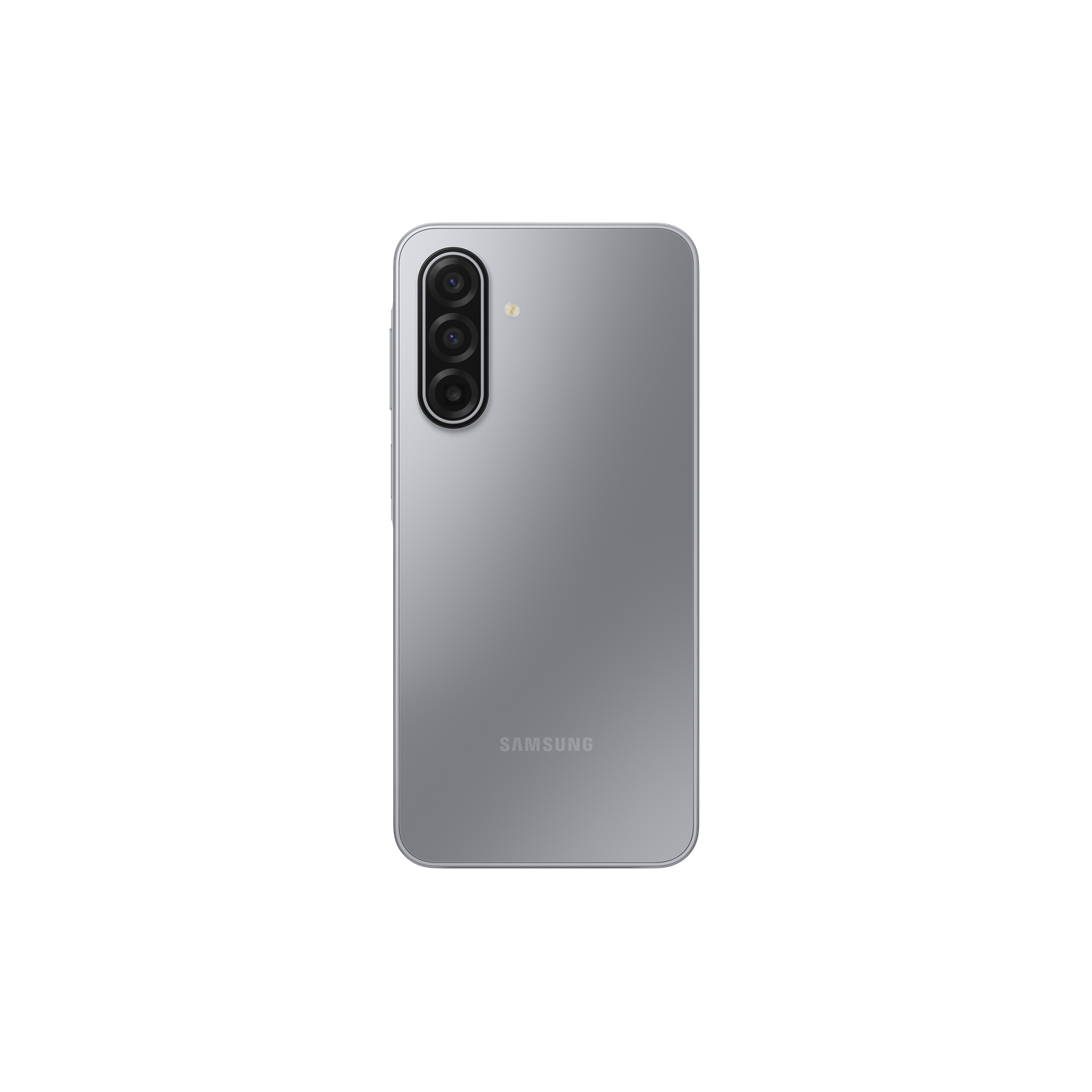 A silver Samsung smartphone is shown against a black background. It has three cameras vertically aligned. The Samsung logo is visible.