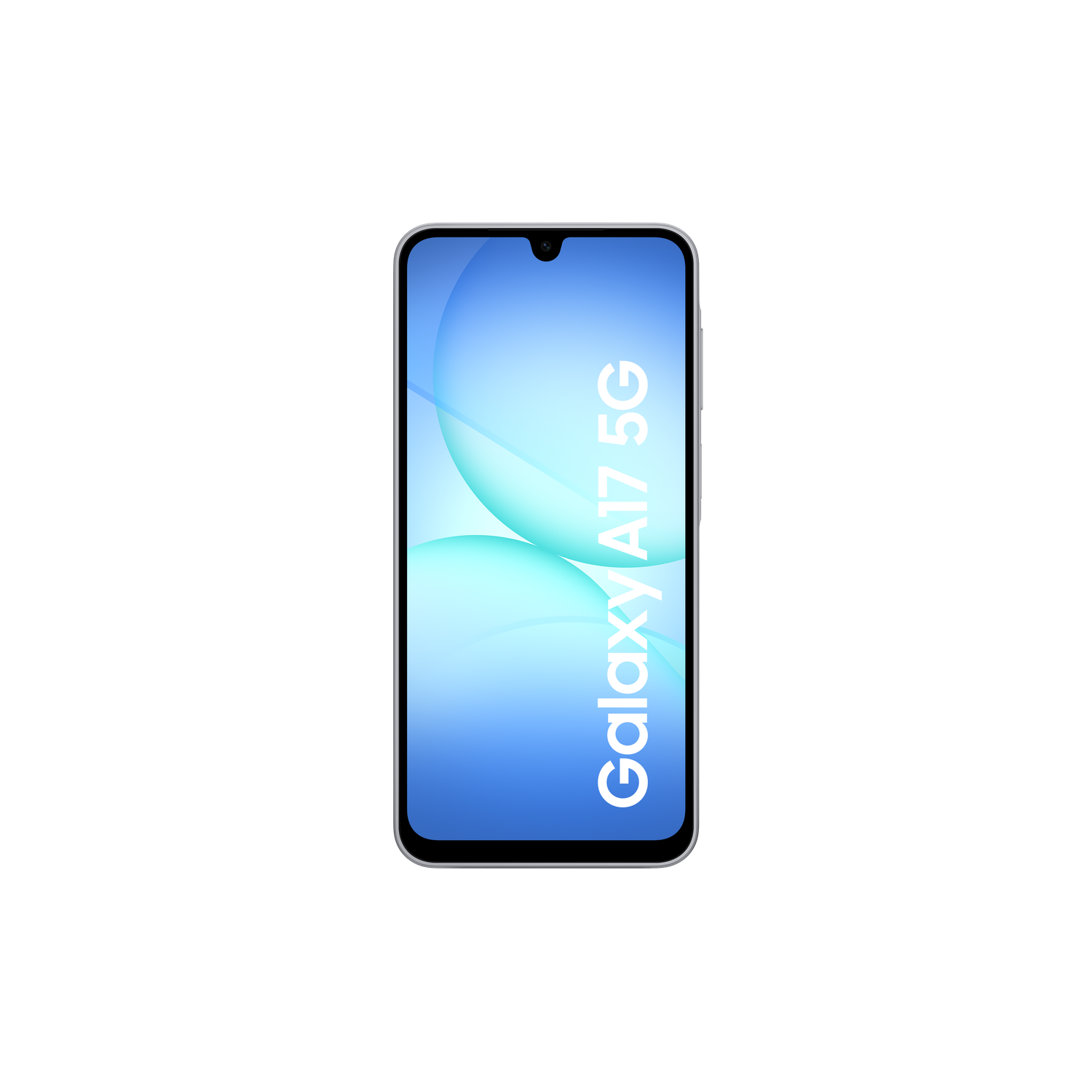 A smartphone on a black background. The screen shows a blue gradient with white text: Galaxy A17 5G.