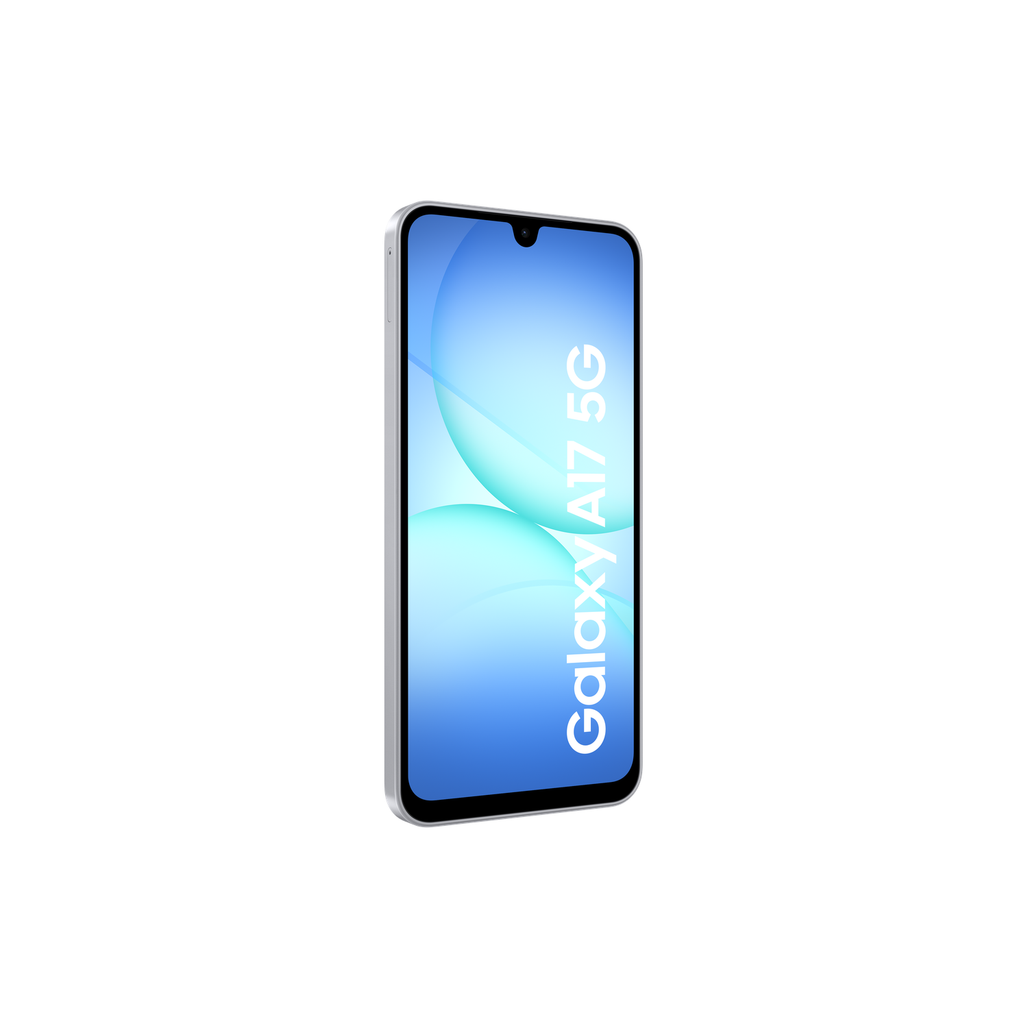 A silver Galaxy A17 5G smartphone on a black background. The screen shows a blue gradient with white text.