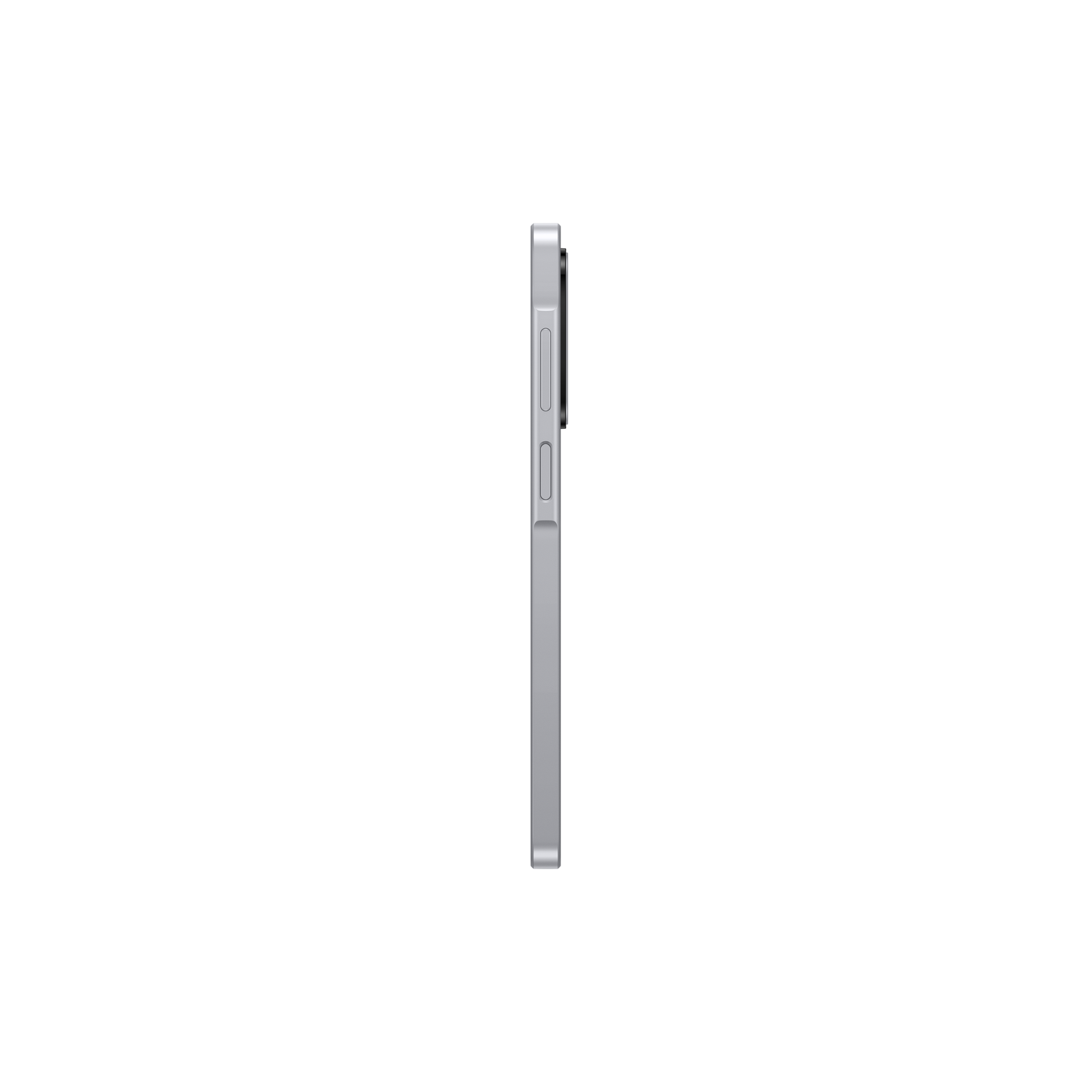 A side view of a silver smartphone. Buttons are visible on the side, and the camera is on the top. The background is white.