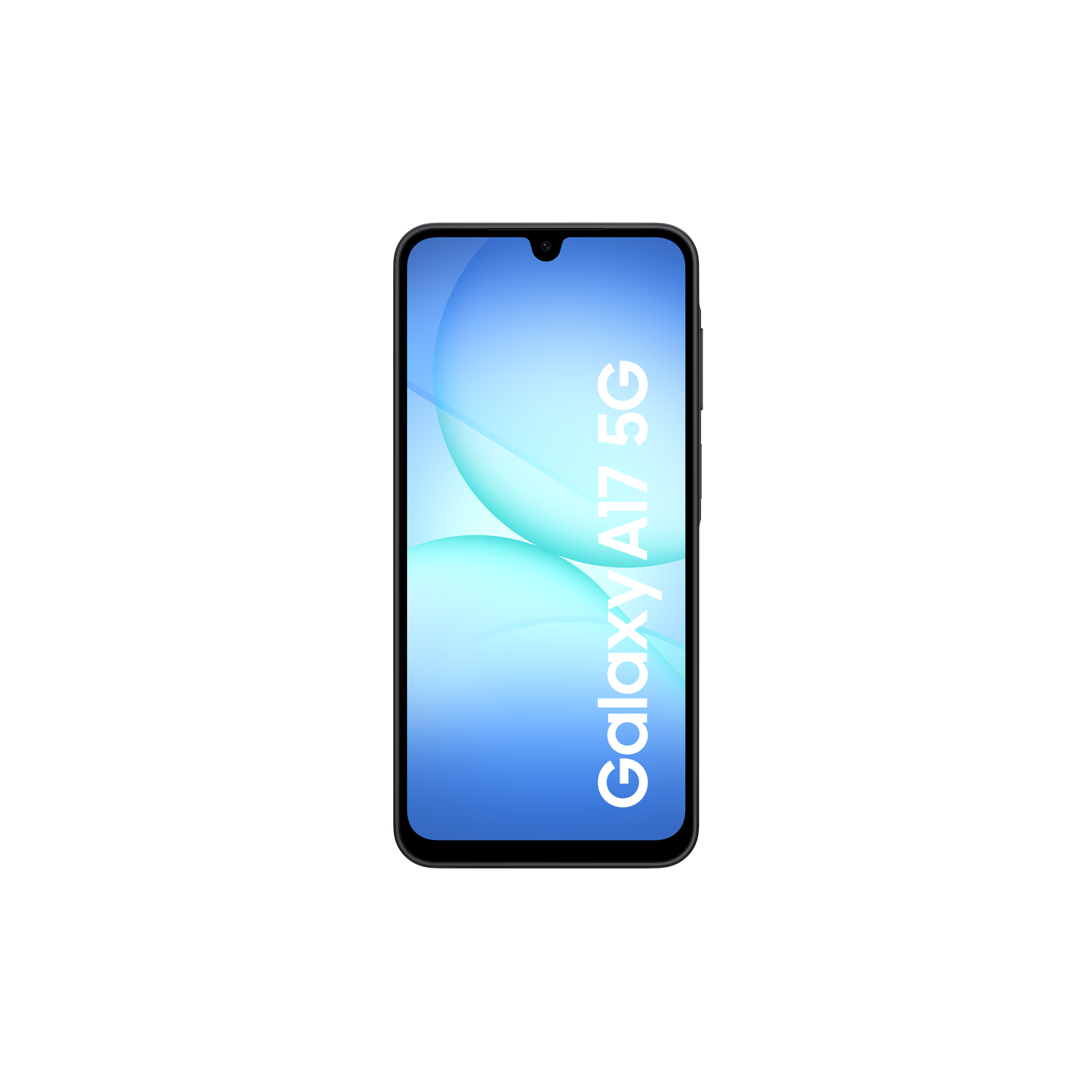 Een smartphone met een blauw verlopend scherm toont de tekst "Galaxy A17 5G". De achtergrond is effen zwart.