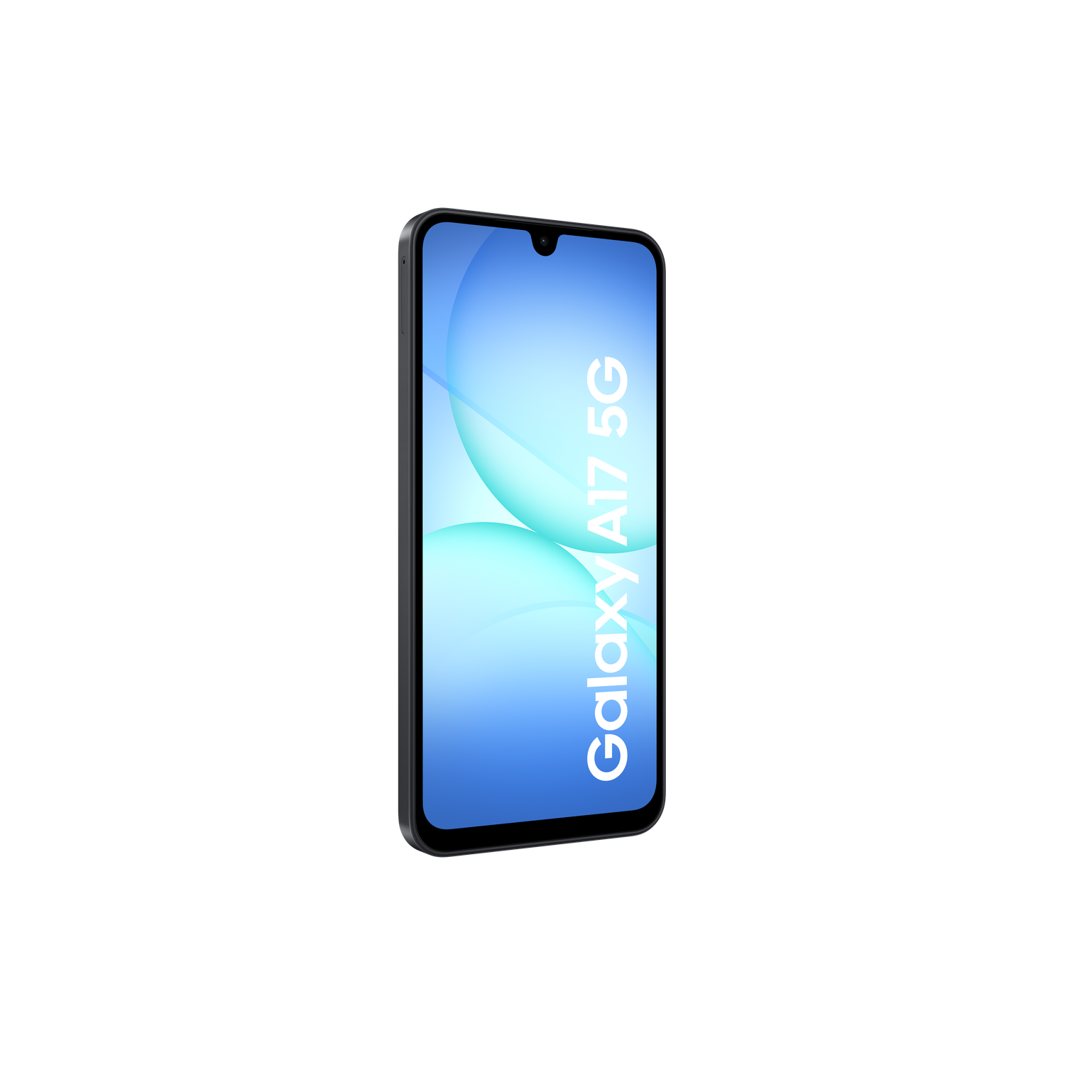 Een smartphone Galaxy A17 5G op zwarte achtergrond. Het scherm toont een blauwe gradiënt met witte cirkels.