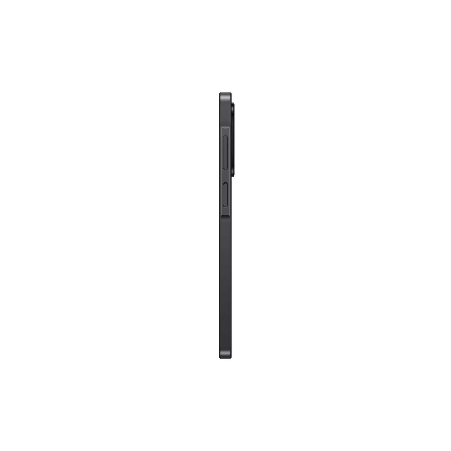 Zijaanzicht van een donkergrijze smartphone. Volume- en aan/uit-knoppen zijn zichtbaar. De achtergrond is zwart.