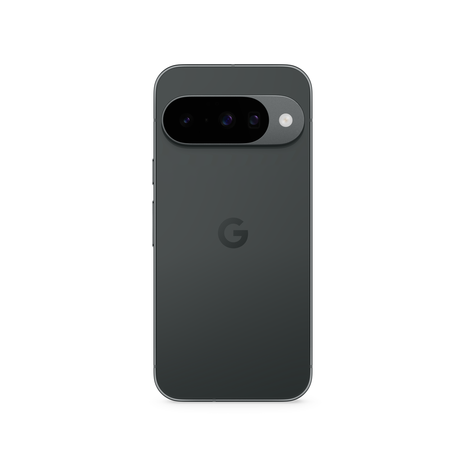 Een grijze smartphone met een camerabalk. De achterkant heeft een 'G'-logo. De telefoon staat op een witte achtergrond.