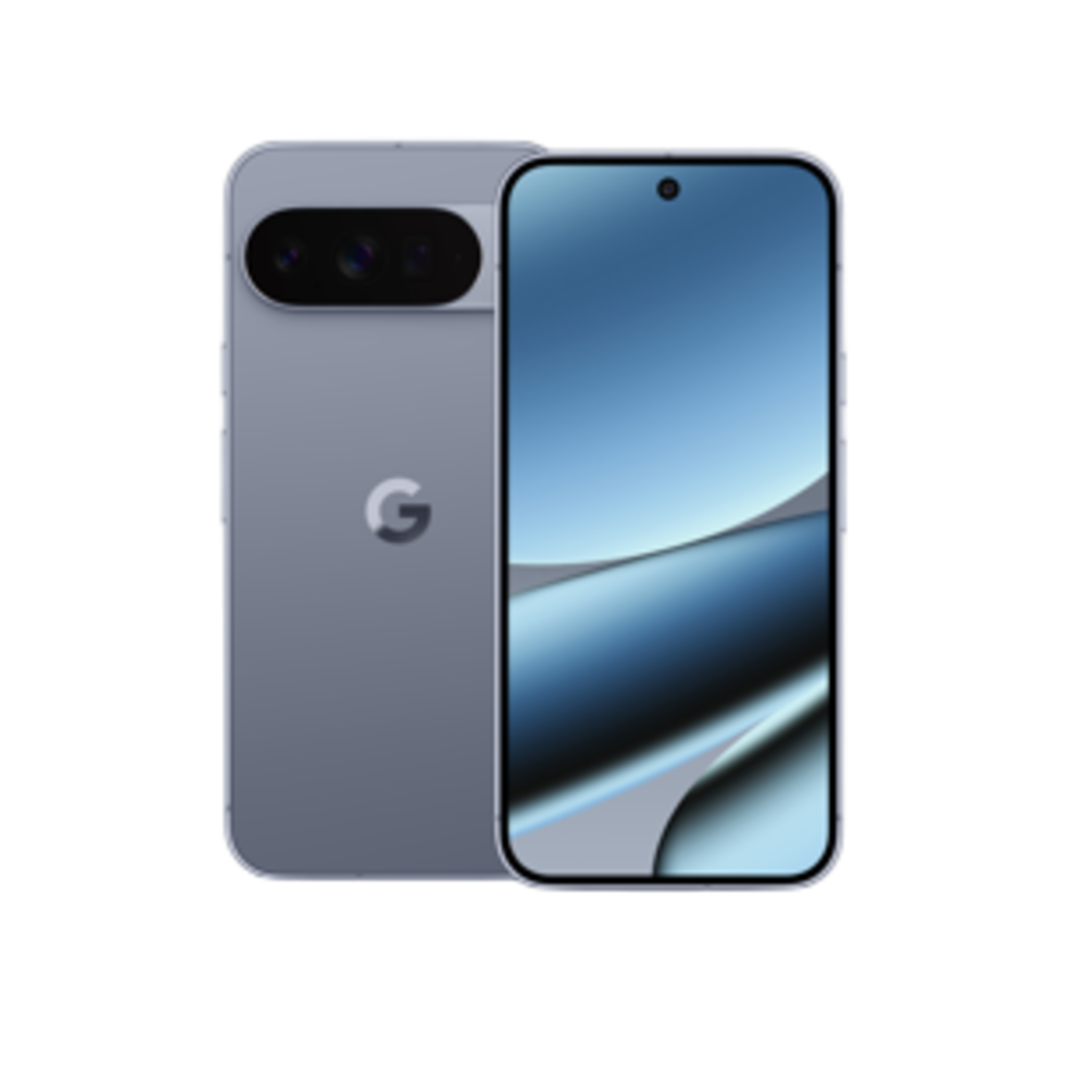 A light blue smartphone with three rear cameras, a screen showing blue and gray waves, and a Google logo.
