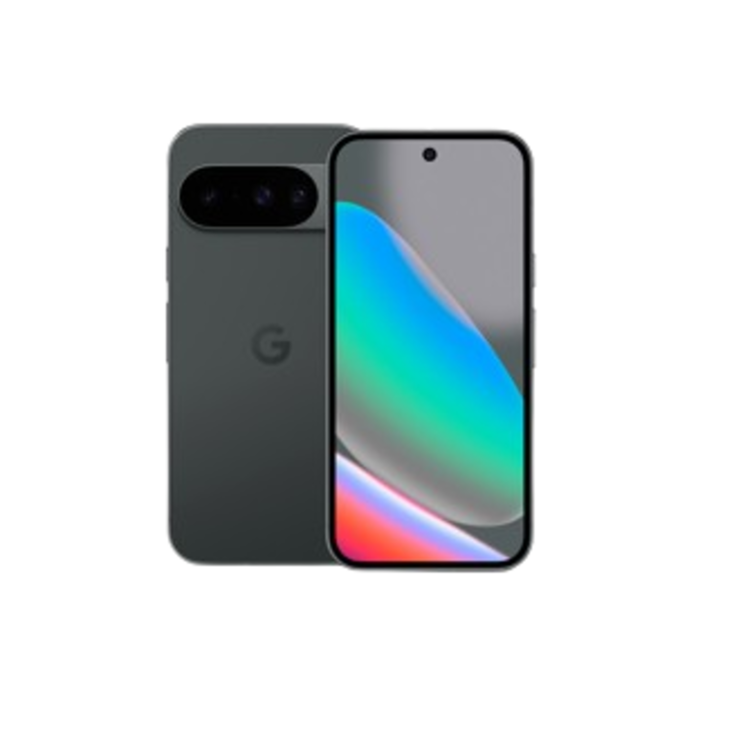 Een smartphone-mockup. De voorkant toont een scherm met een kleurverloop. De achterkant heeft een camerabalk en het Google-logo.