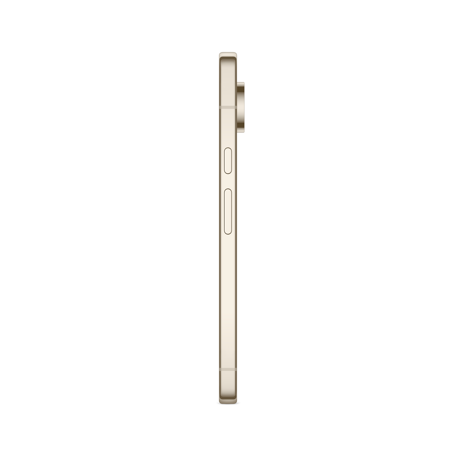 Zijaanzicht van een gouden smartphone. Het heeft knoppen aan de zijkant en een camera aan de bovenkant. De achtergrond is wit.