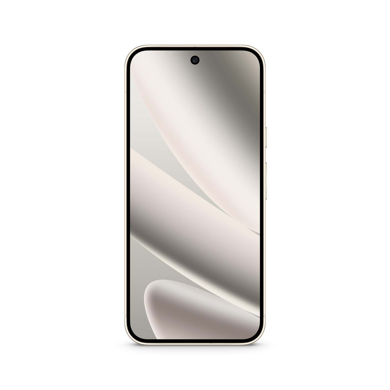 Een goudkleurige smartphone met een gebogen scherm. Het scherm toont abstracte lichtbeige vormen. De telefoon heeft een camera aan de voorkant.