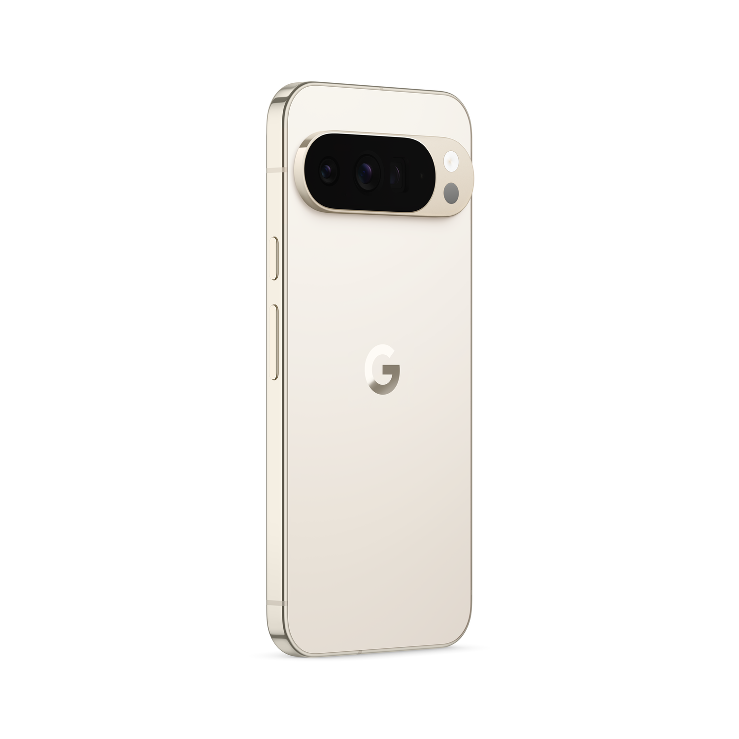Een gouden telefoon met een camerabalk, een Google-logo en een zilveren frame. De achtergrond is wit.